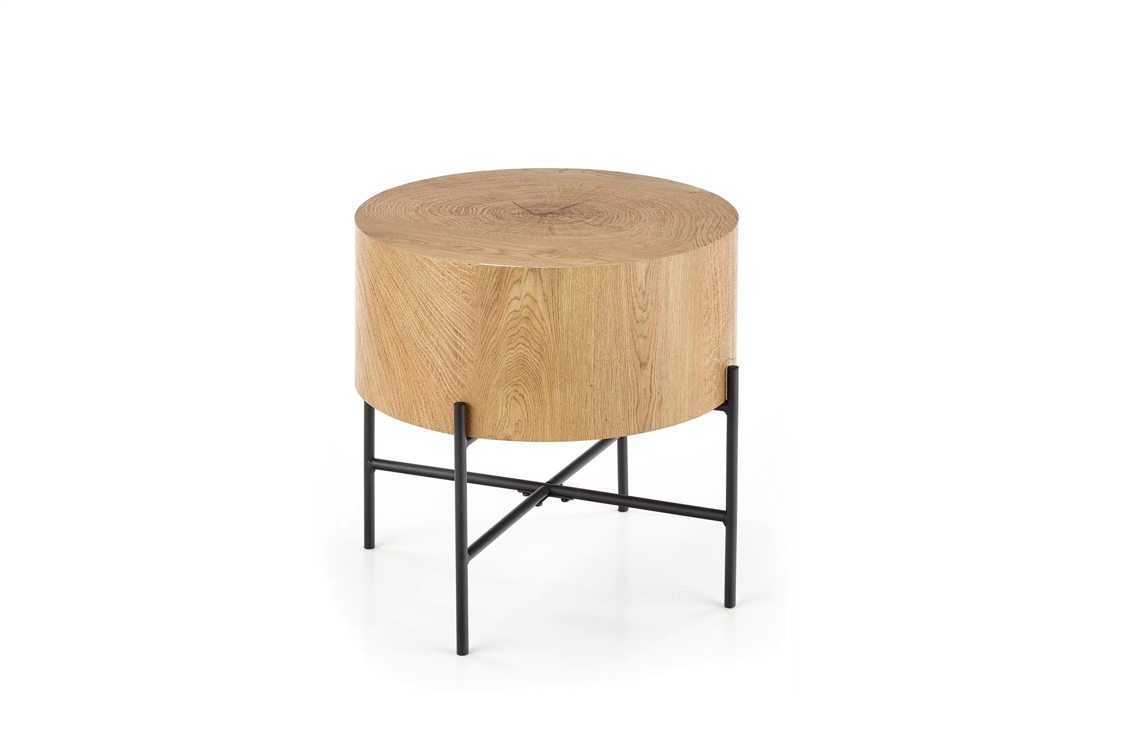 Okrúhly konferenčný stolík Liviano - 45 cm s kovovými nohami - prírodný dub / čierny Stolík kawowy okragly Liviano 45 cm z metalowymi nogami - Dub prírodné / Čierny