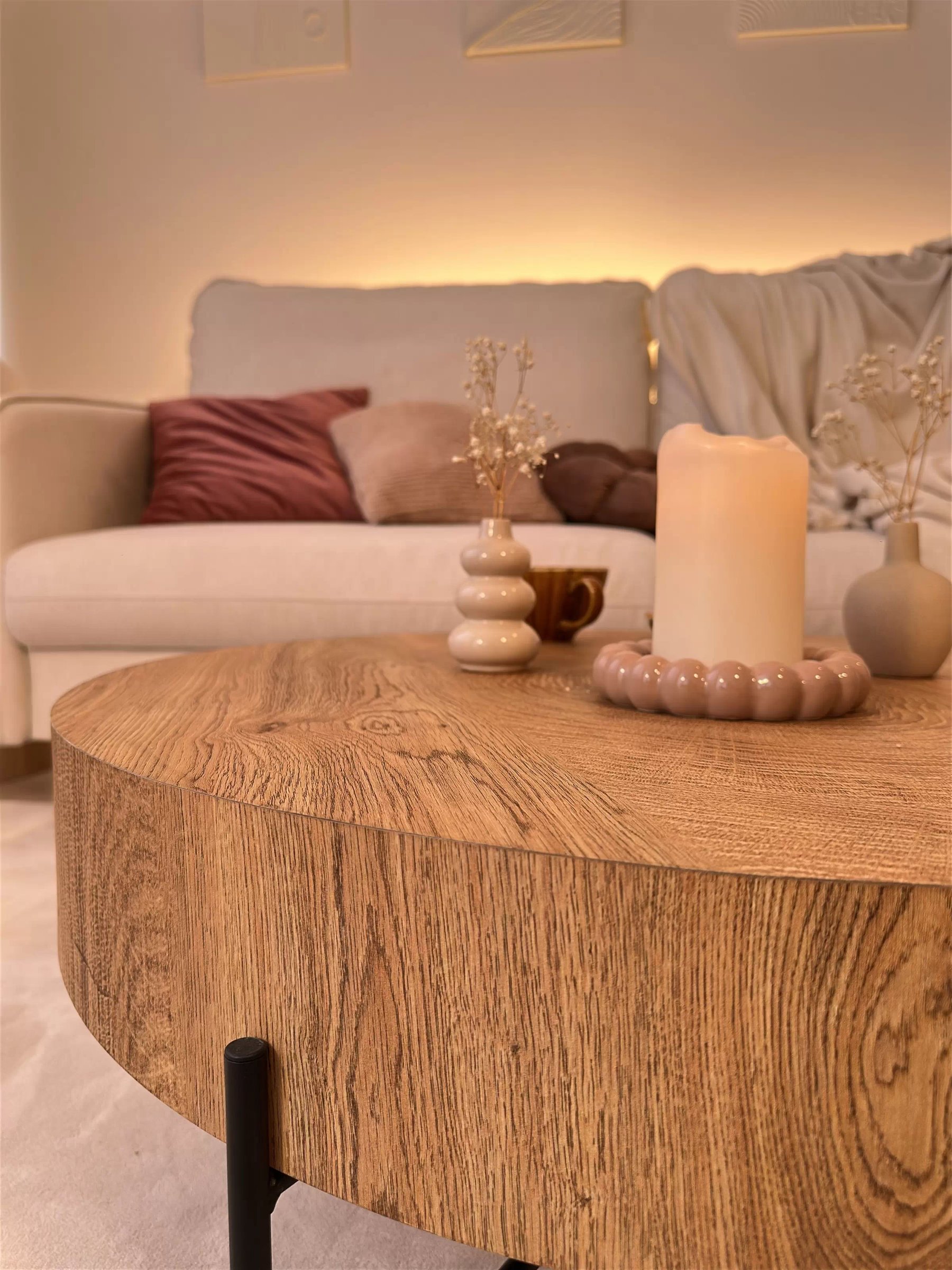 Kulatý konferenční stolek Liviano 80 cm - přírodní dub / černá stolek kawowy okragly Liviano 80 cm z metalowymi nogami - dub přírodní / černá