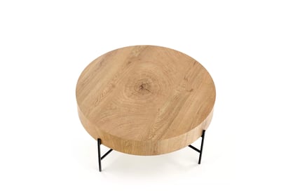 Okrúhly konferenčný stolík Liviano - 80 cm s kovovými nohami - prírodný dub / čierny Stolík kawowy okragly Liviano 80 cm z metalowymi nogami - Dub prírodné / Čierny