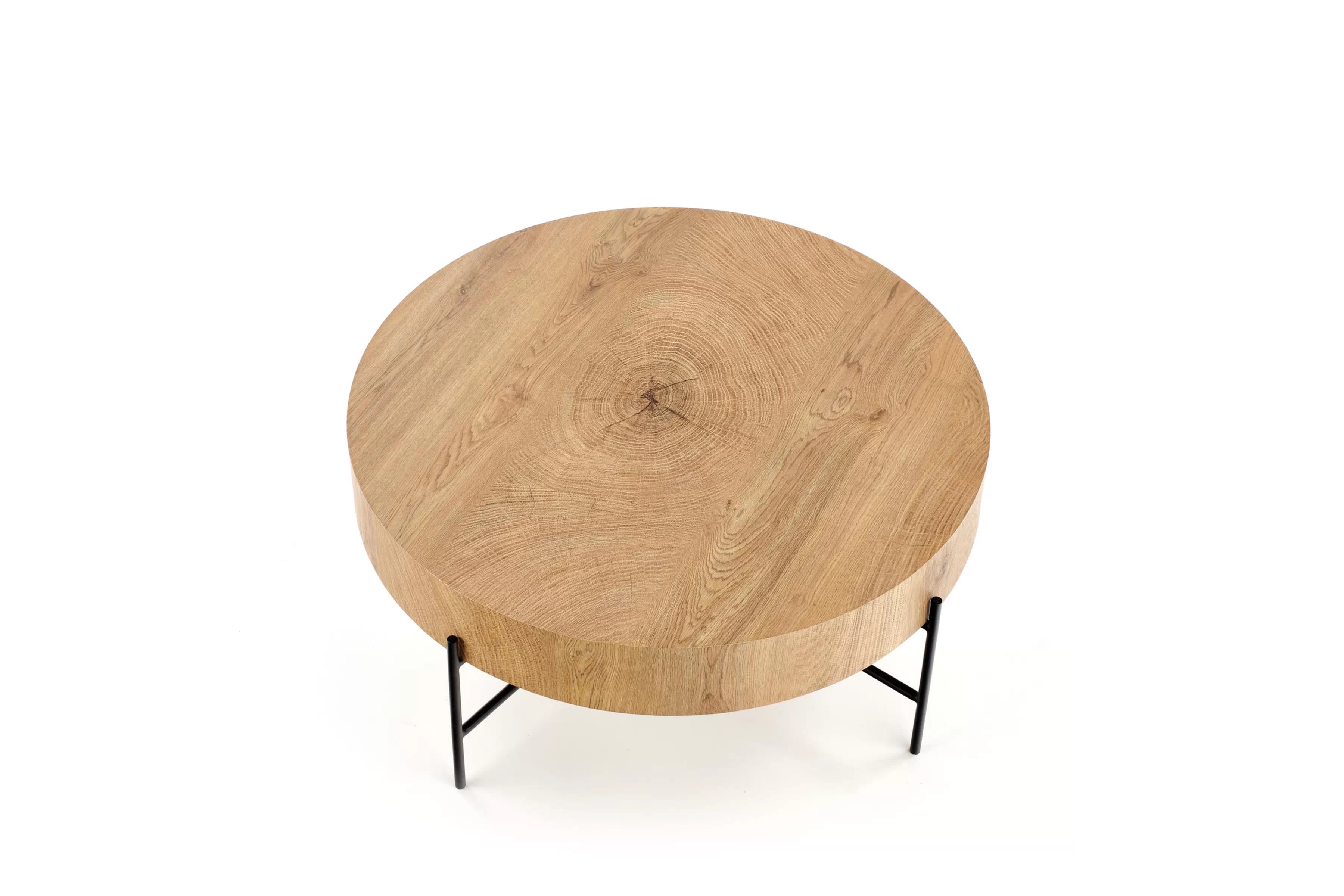 Okrúhly konferenčný stolík Liviano - 80 cm s kovovými nohami - prírodný dub / čierny Stolík kawowy okragly Liviano 80 cm z metalowymi nogami - Dub prírodné / Čierny