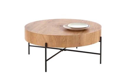 Okrúhly konferenčný stolík Liviano - 80 cm s kovovými nohami - prírodný dub / čierny Stolík kawowy okragly Liviano 80 cm z metalowymi nogami - Dub prírodné / Čierny