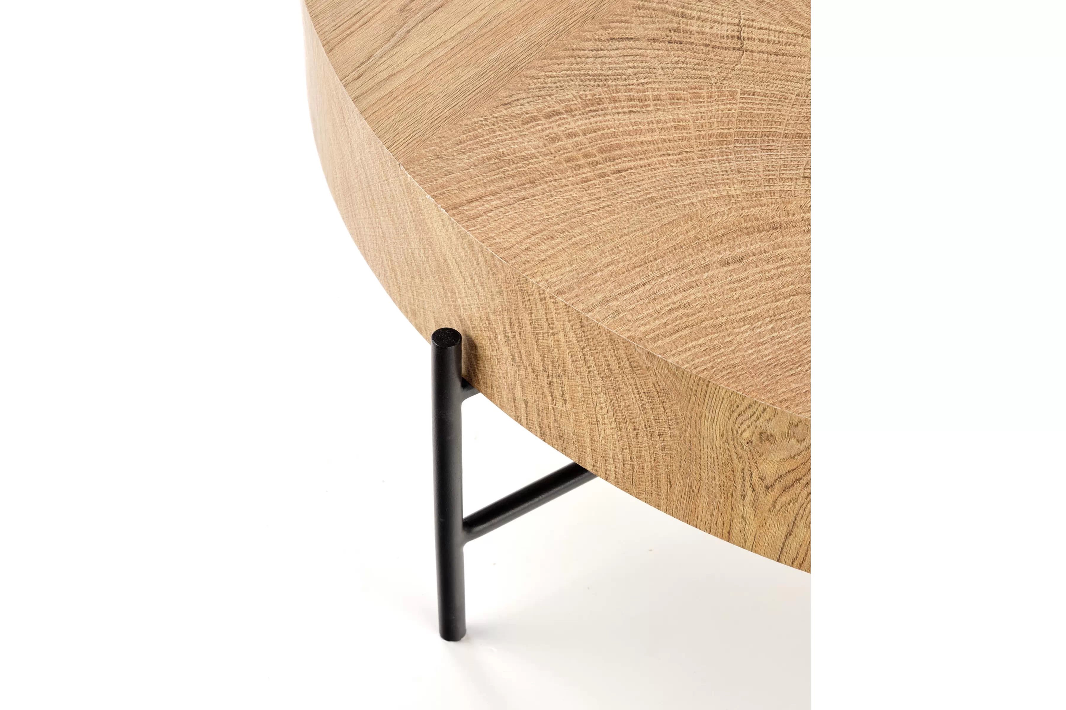 Okrúhly konferenčný stolík Liviano - 80 cm s kovovými nohami - prírodný dub / čierny Stolík kawowy okragly Liviano 80 cm z metalowymi nogami - Dub prírodné / Čierny