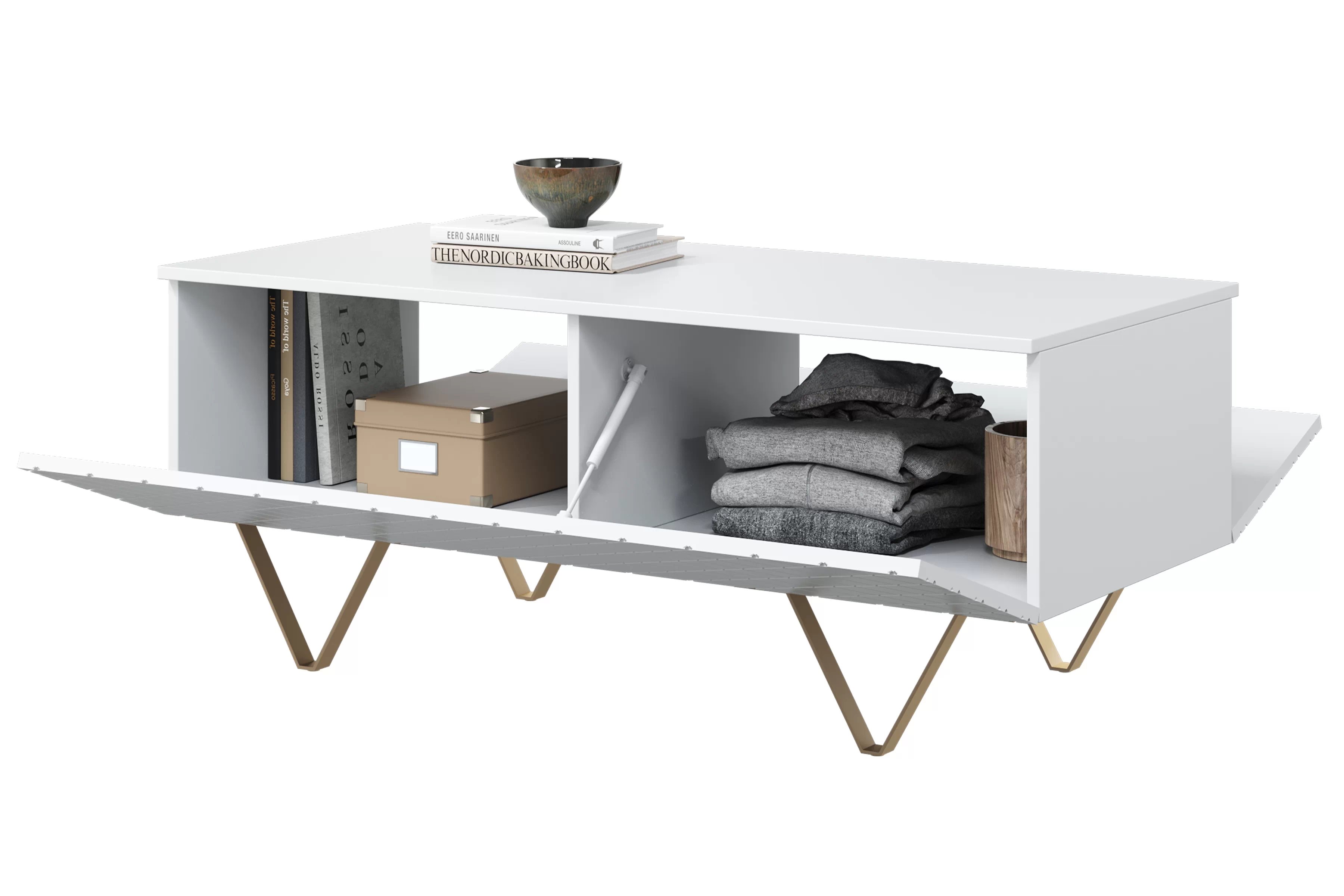 Konferenčný stolík Scalia 120 2K s úložným priestorom - biely mat / zlaté nožičky - Limitovaná ponuka Konferenčný stolík Scalia 120 2K s úložným priestorom - biely mat / zlote nožičky