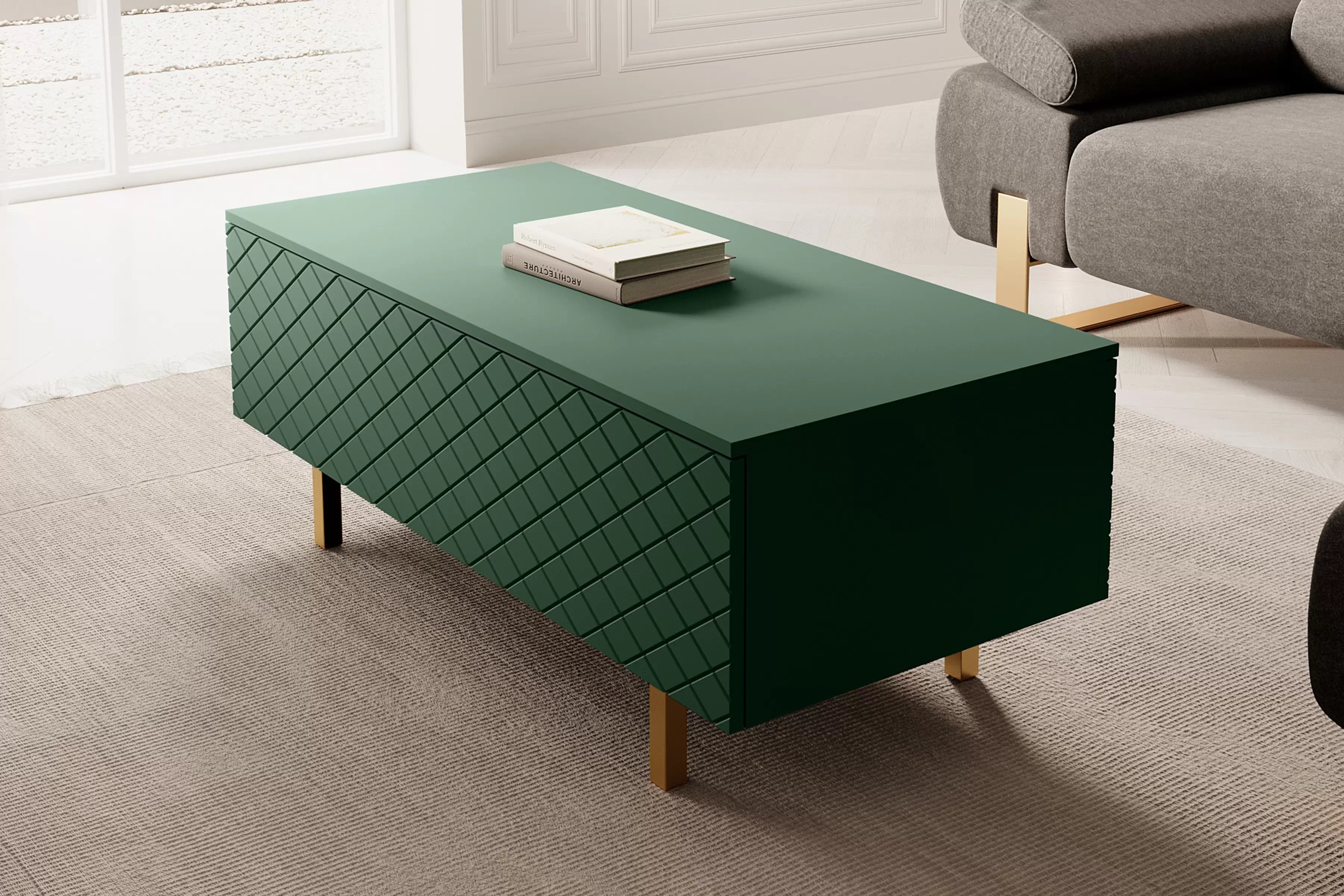 Konferenčný stolík Scalia II 120 2K s úložným priestorom - labrador mat / zlaté nožičky - Limitovaná ponuka Konferenčný stolík Scalia II 120 2K s úložným priestorom - labrador mat / zlote nožičky