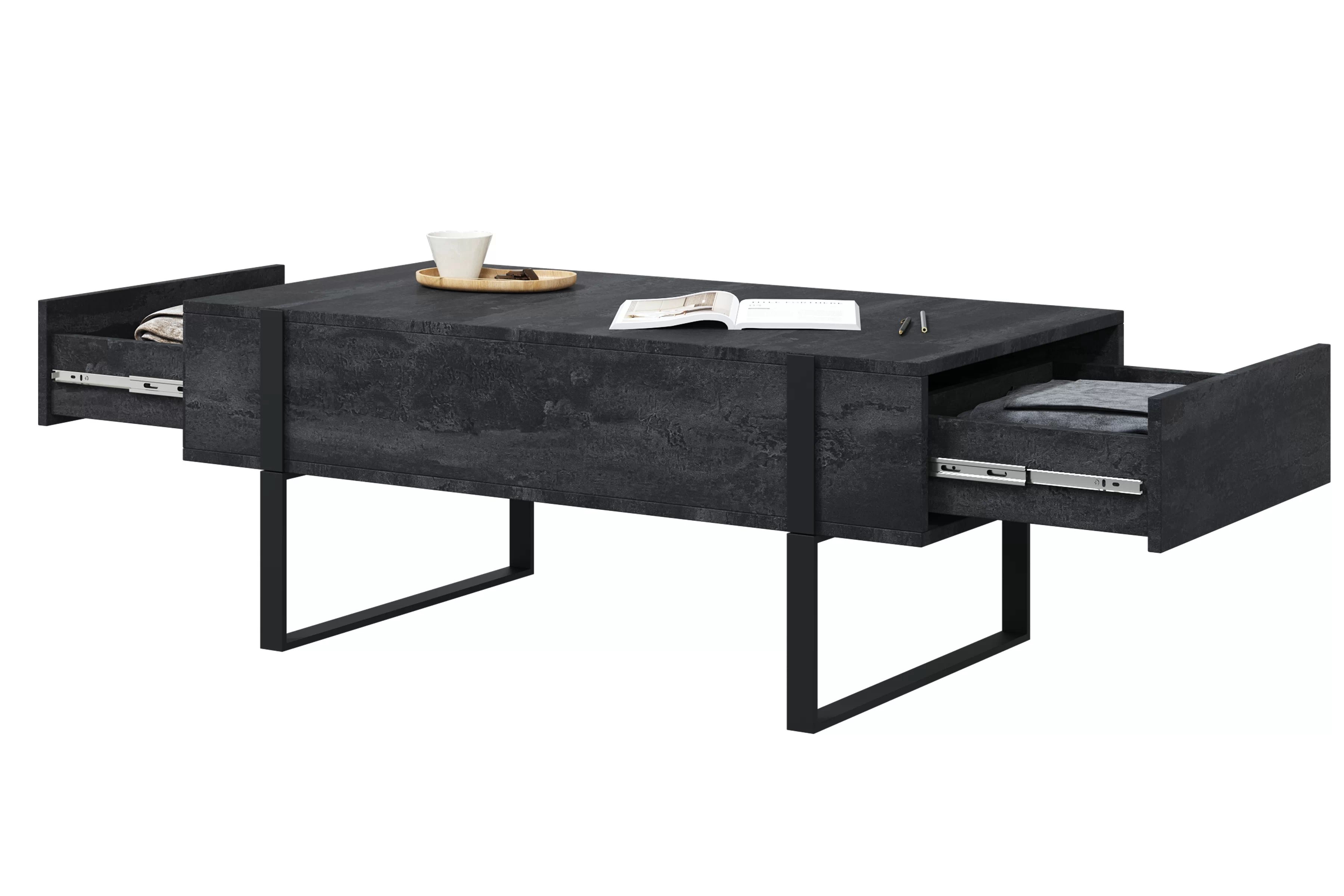 Konferenčný stolík Verica 120 cm so zásuvkami a kovovými nožičkami - čierny betón / čierne nožičky Konferenčný stolík Verica so zásuvkami i metalowymi nogami 120 cm - Čierny beton / čierny nozki