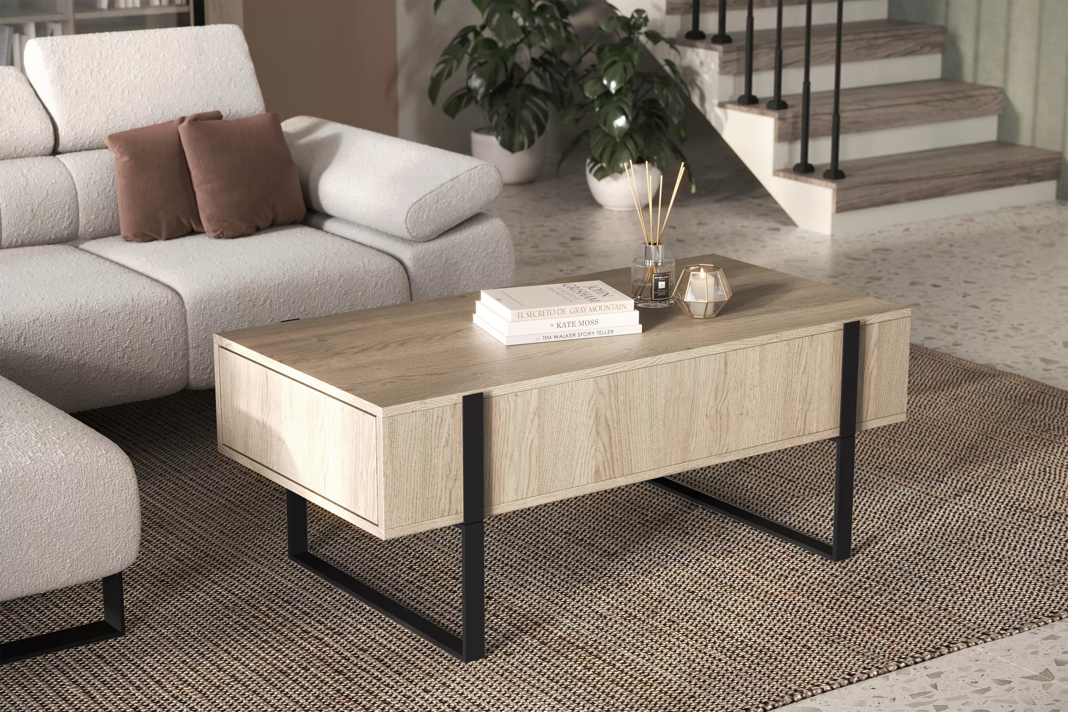 Konferenční stolek Verica 120 cm - dub piškotový / černé nožky stolek kawowy Verica se zásuvkami i metalowymi nogami 120 cm - dub biszkoptowy / černá nozki