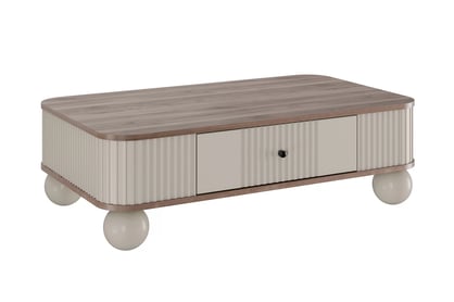 Kávový stolík Vesper 103x60 cm so zásuvkou - kašmír / orech / čierne úchyty / guľové nohy