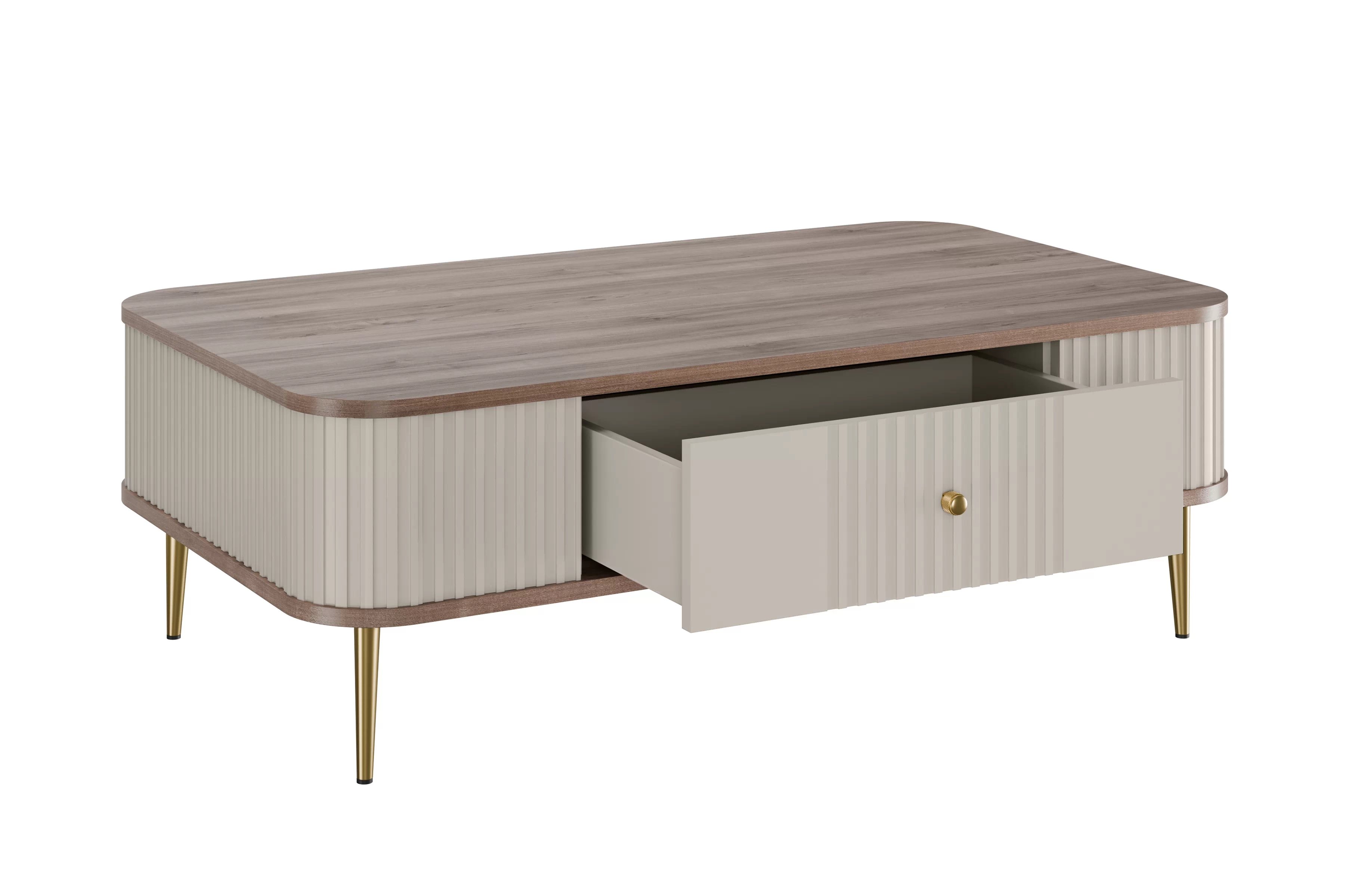 Kávový stolík Vesper 103x60 cm so zásuvkou - kašmír / orech / zlaté nohy Stolík kawowy Vesper 103x60 cm z szuflada - kašmír / Orech / zlote nožičky