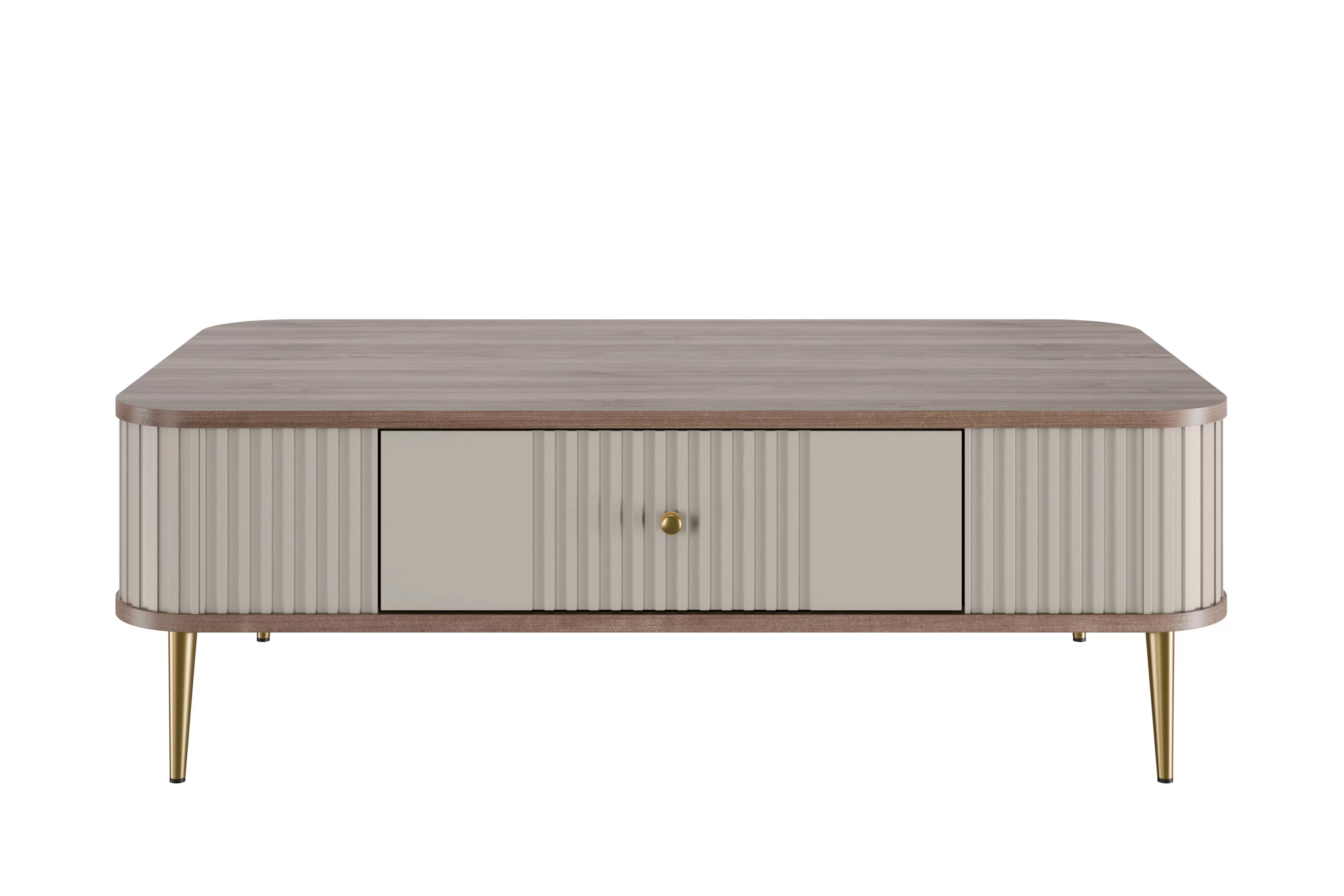 Kávový stolík Vesper 103x60 cm so zásuvkou - kašmír / orech / zlaté nohy Stolík kawowy Vesper 103x60 cm z szuflada - kašmír / Orech / zlote nožičky