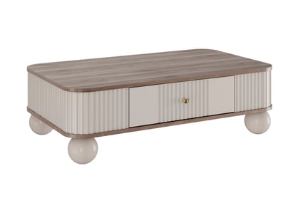 Kávový stolík Vesper 103x60 cm so zásuvkou - kasmír / orech / zlaté úchyty / guľové nohy