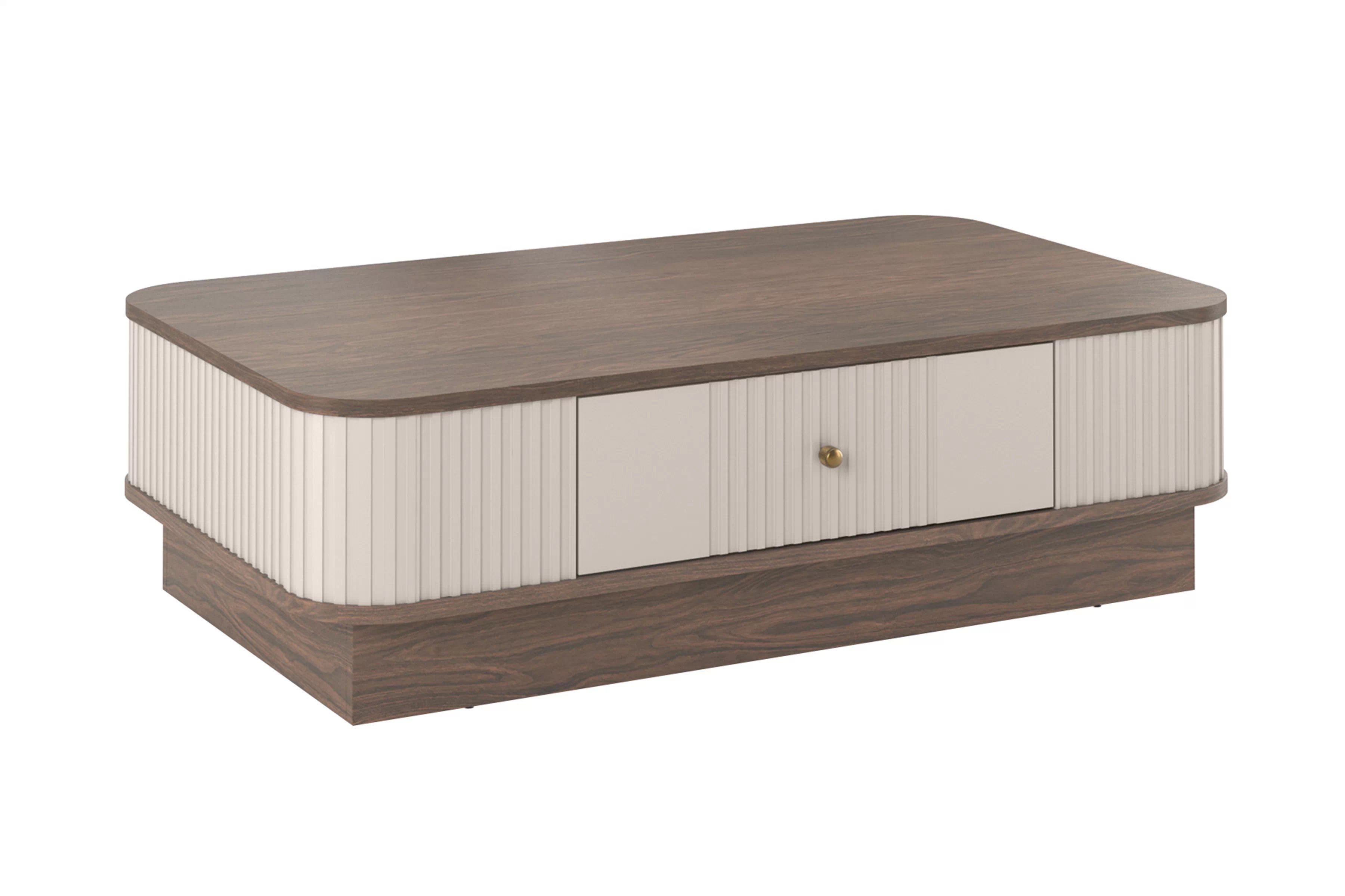 Kávový stolík Vesper 103x60 cm so zásuvkou na sokli - kasmír / orech / zlatá úchytka Stolík kawowy Vesper 103x60 cm z szuflada na sokelu - kašmír / Orech / zlaté Úchytka