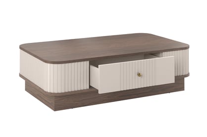 Kávový stolík Vesper 103x60 cm so zásuvkou na sokli - kasmír / orech / zlatá úchytka Stolík kawowy Vesper 103x60 cm z szuflada na sokelu - kašmír / Orech / zlaté Úchytka