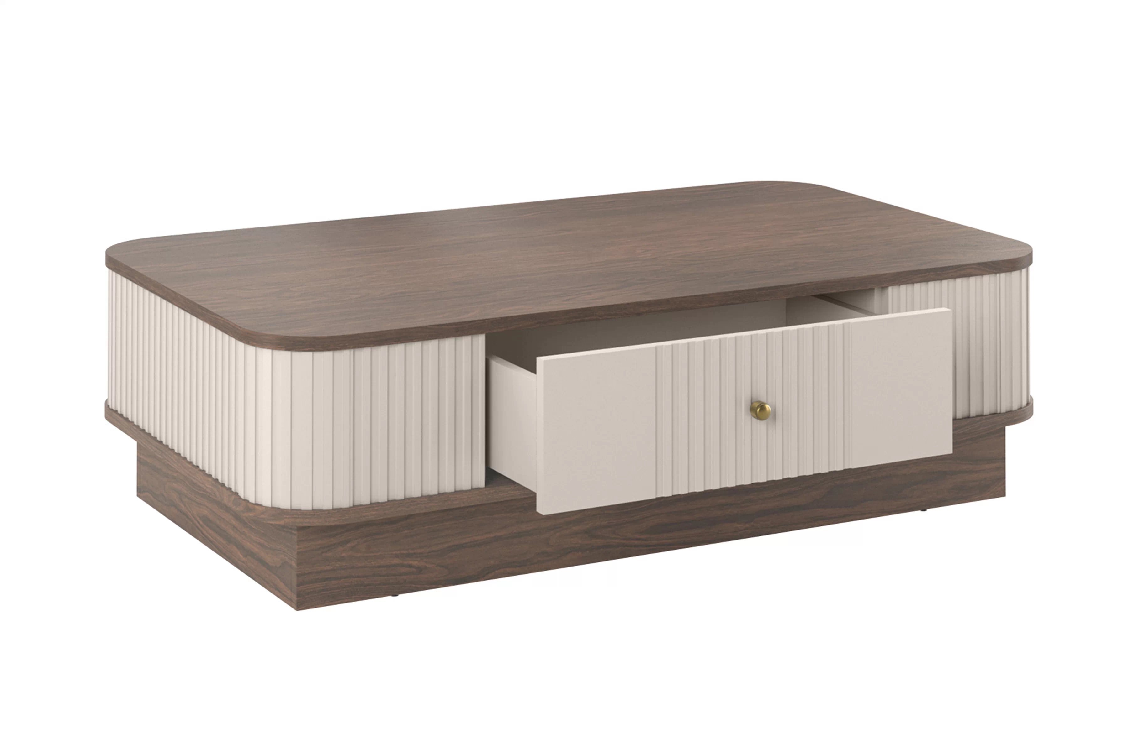 Kávový stolík Vesper 103x60 cm so zásuvkou na sokli - kasmír / orech / zlatá úchytka Stolík kawowy Vesper 103x60 cm z szuflada na sokelu - kašmír / Orech / zlaté Úchytka