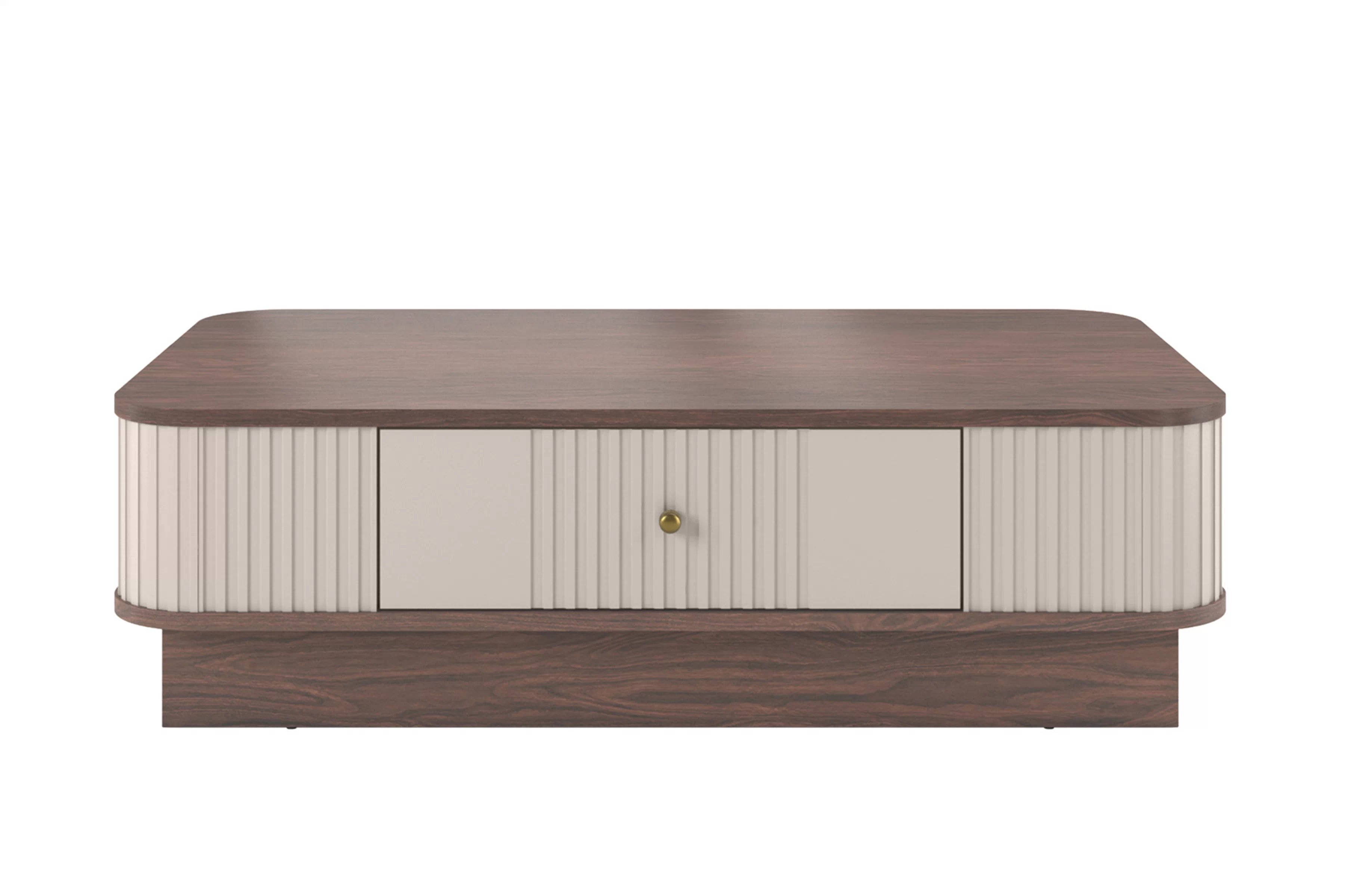 Kávový stolík Vesper 103x60 cm so zásuvkou na sokli - kasmír / orech / zlatá úchytka Stolík kawowy Vesper 103x60 cm z szuflada na sokelu - kašmír / Orech / zlaté Úchytka