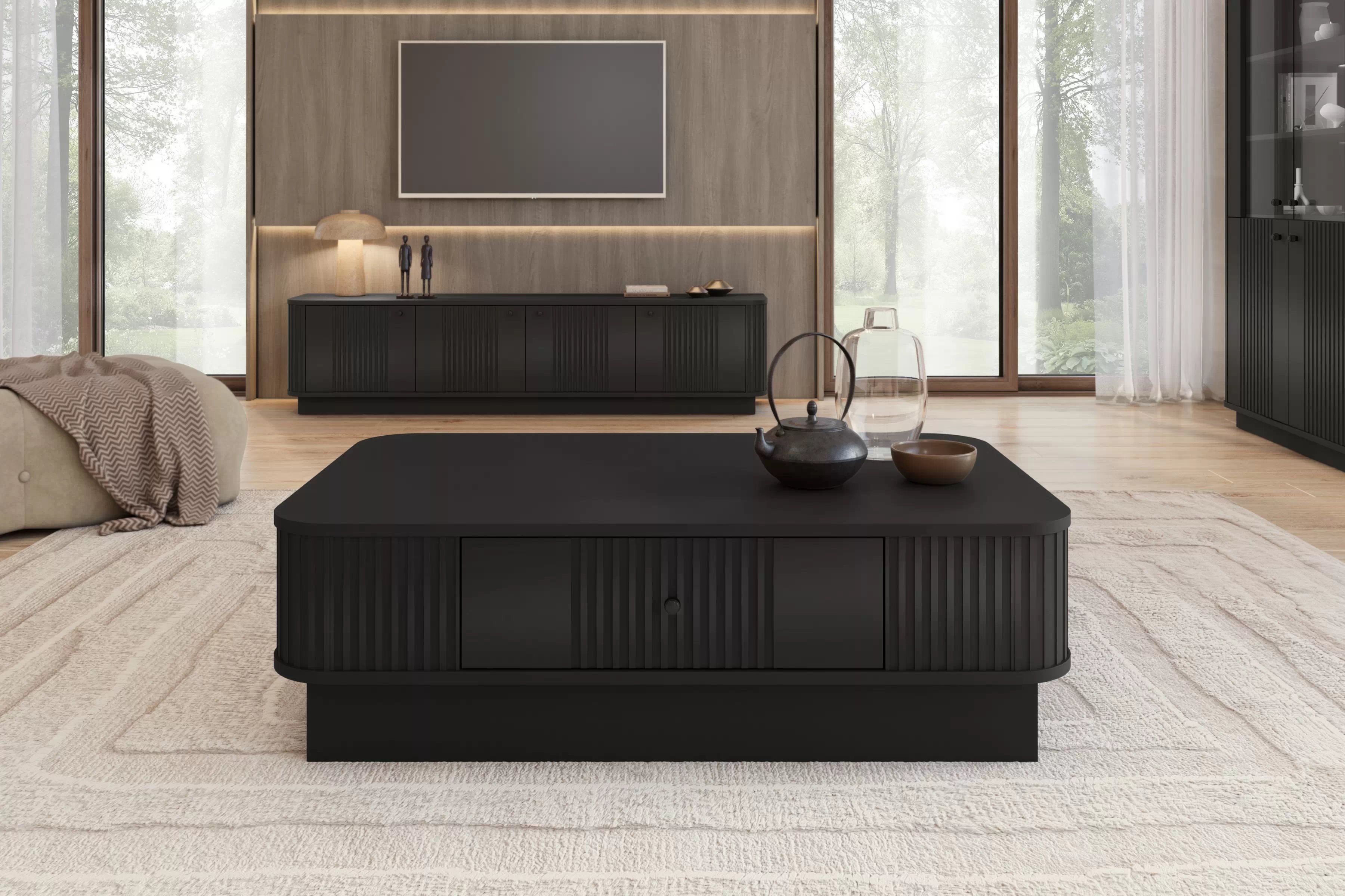 Konferenční stolek se zásuvkou Vesper 103x60 cm na soklu - černý / černá úchytka stolek kawowy z szuflada Vesper 103x60 cm - černá / černá uchwyt