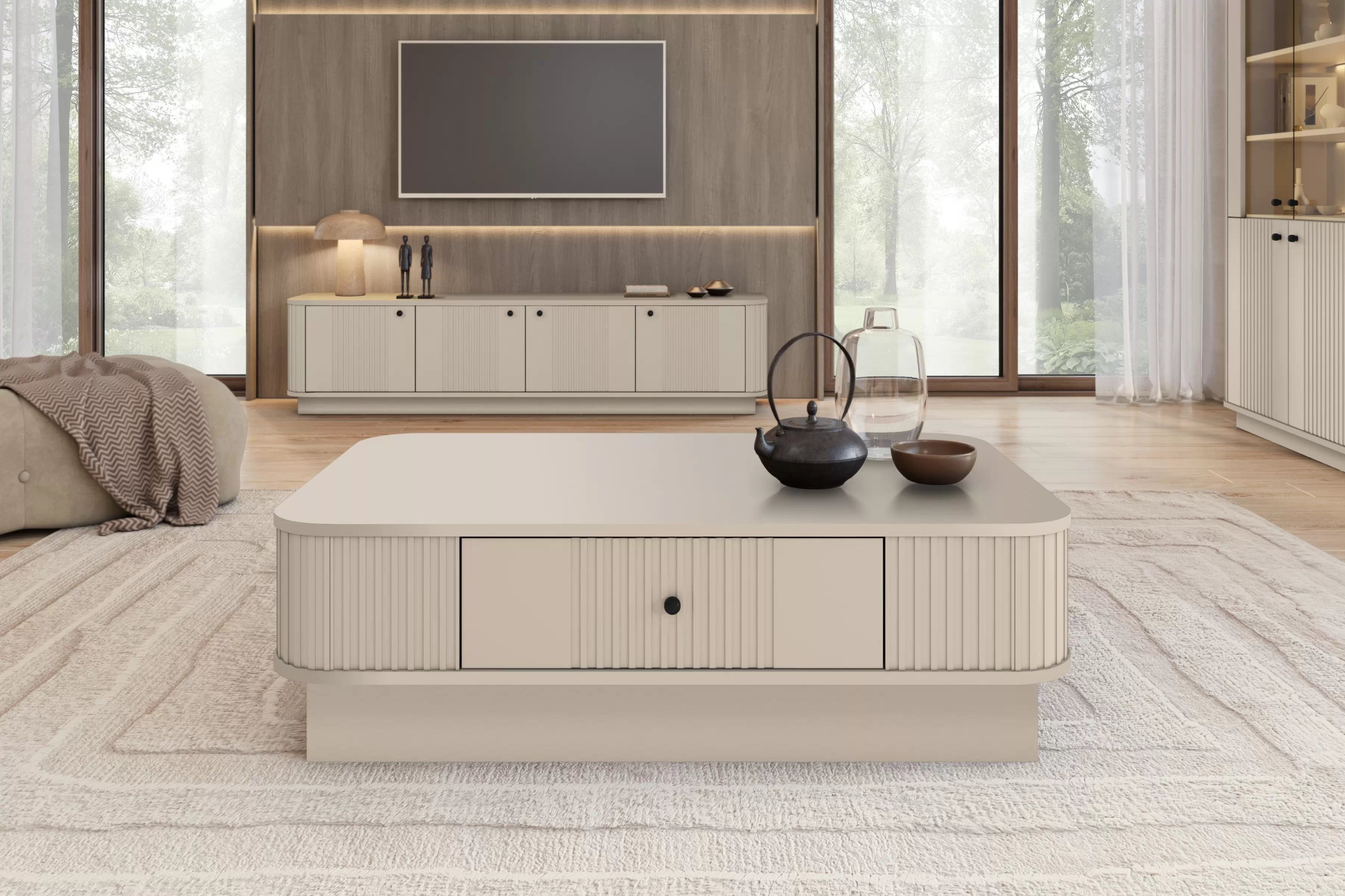 Konferenční stolek se zásuvkou Vesper 103x60 cm na soklu - kašmír / černá úchytka stolek kawowy z szuflada Vesper 103x60 cm - kašmír / černá uchwyt