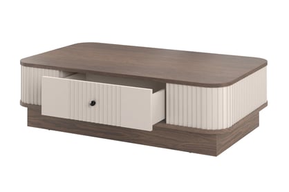 Konferenčný stolík Vespera 103x60 cm na sokli - kašmírová / orech / čierna Stolík kawowy z szuflada Vesper 103x60 cm - kašmír / orech / čierny Úchytka