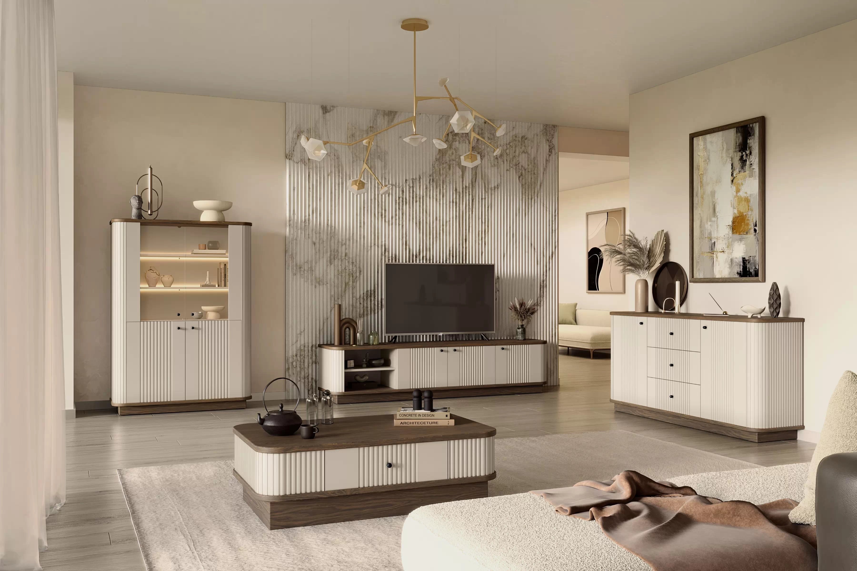 Konferenční stolek Vesper 103x60 cm - kašmírová / ořech / černá úchytka stolek kawowy z szuflada Vesper 103x60 cm - kašmír / ořech / černá uchwyt