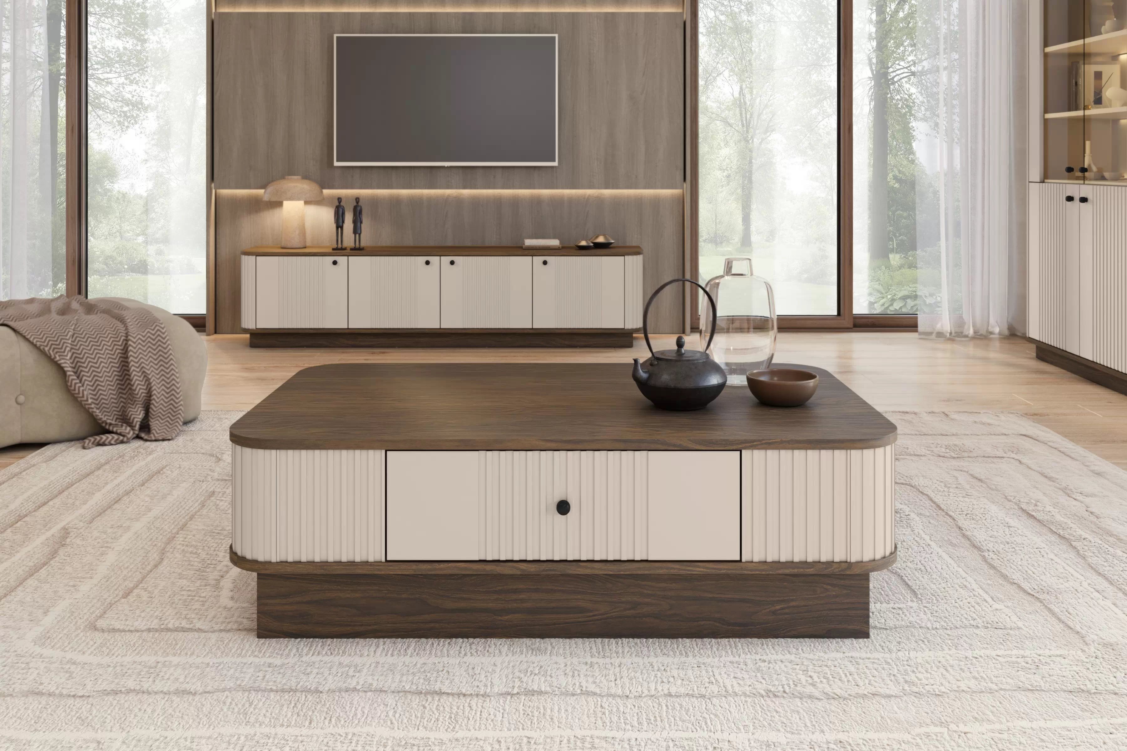 Konferenční stolek Vesper 103x60 cm - kašmírová / ořech / černá úchytka stolek kawowy z szuflada Vesper 103x60 cm - kašmír / ořech / černá uchwyt