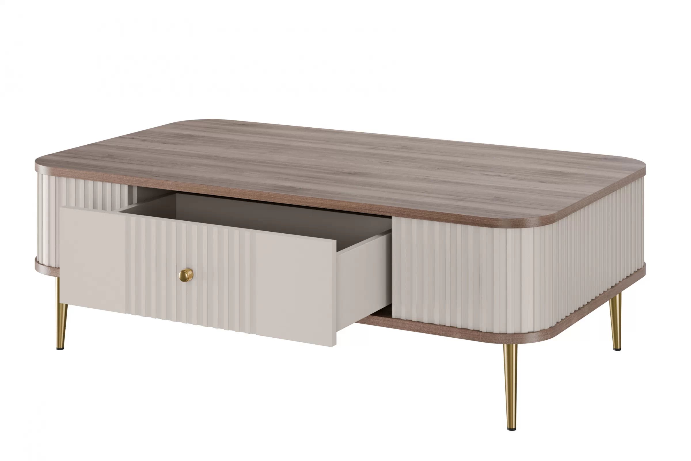 Konferenční stolek se zásuvkou Vesper 103x60 cm - kašmír / ořech / zlaté nohy stolek kawowy z szuflada Vesper 103x60 cm - kašmír / ořech / zlote Nohy