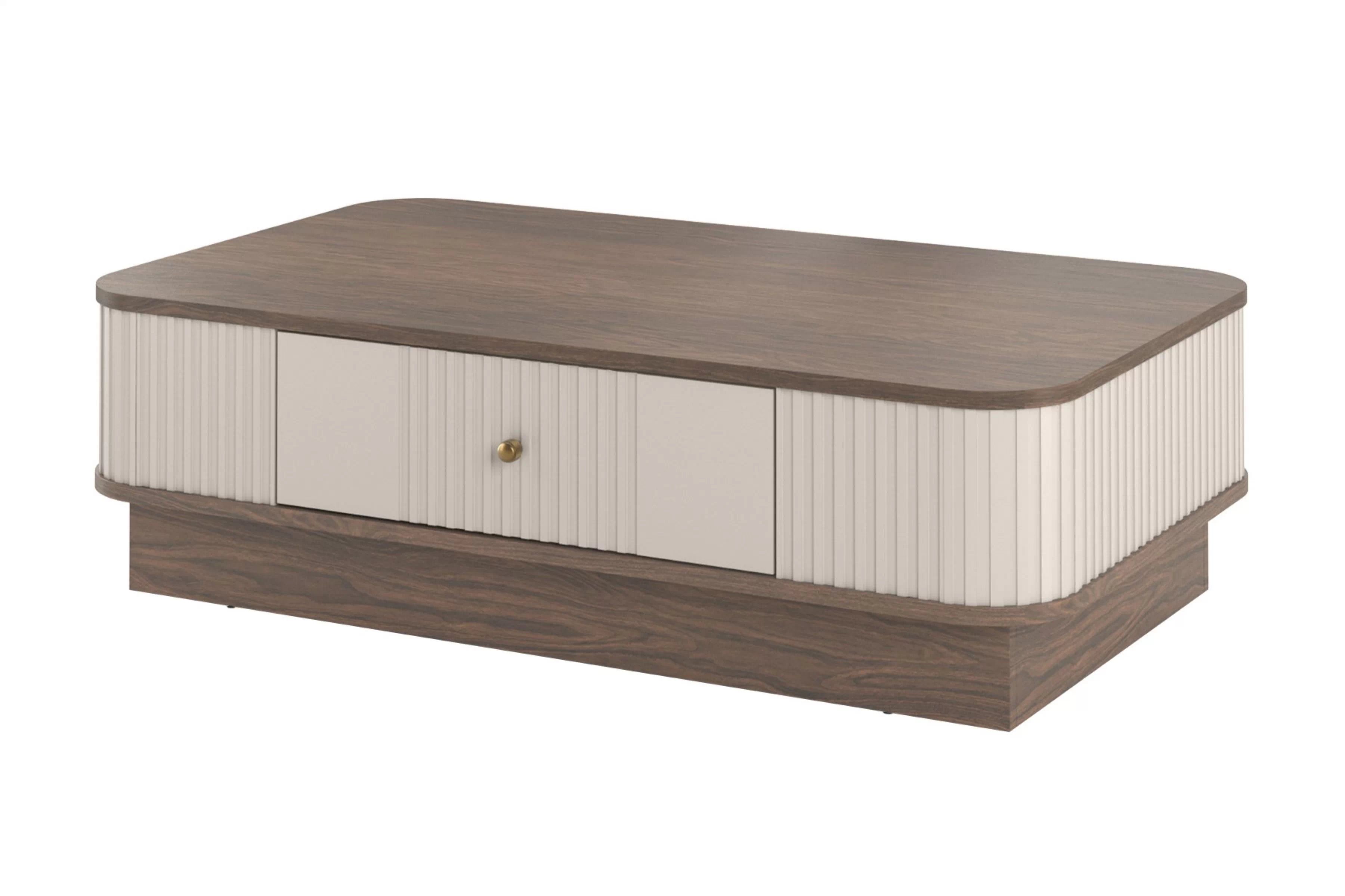 Konferenční stolek Vesper 103x60 cm - kašmírová / ořech / zlatá úchytka stolek kawowy z szuflada Vesper 103x60 cm - kašmír / ořech / zlatá uchwyt