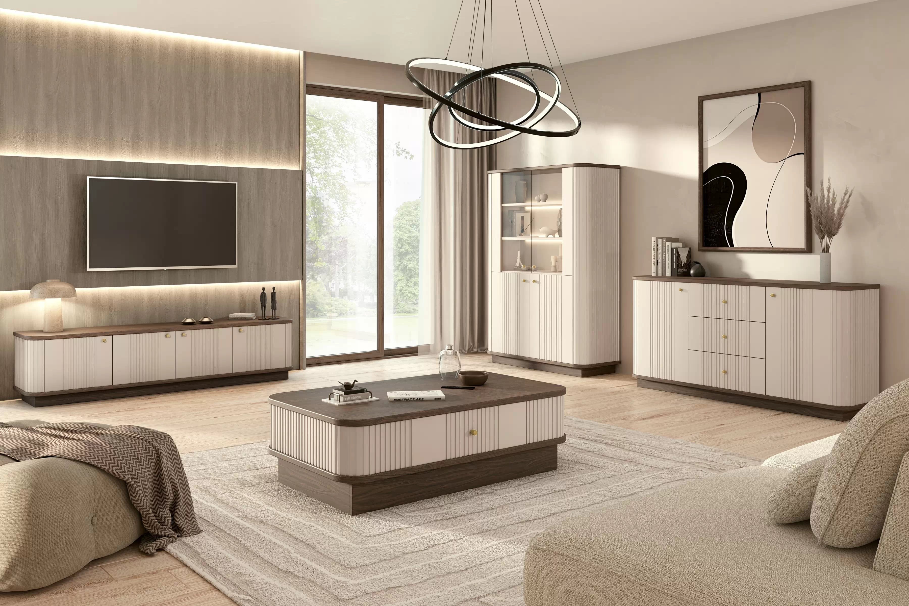 Konferenční stolek Vesper 103x60 cm - kašmírová / ořech / zlatá úchytka stolek kawowy z szuflada Vesper 103x60 cm - kašmír / ořech / zlatá uchwyt