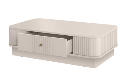 Konferenčný stolík Vespera 103x60 cm na sokli - kašmírová / zlatá Stolík kawowy z szuflada Vesper 103x60 cm - kašmír / zlaté Úchytka