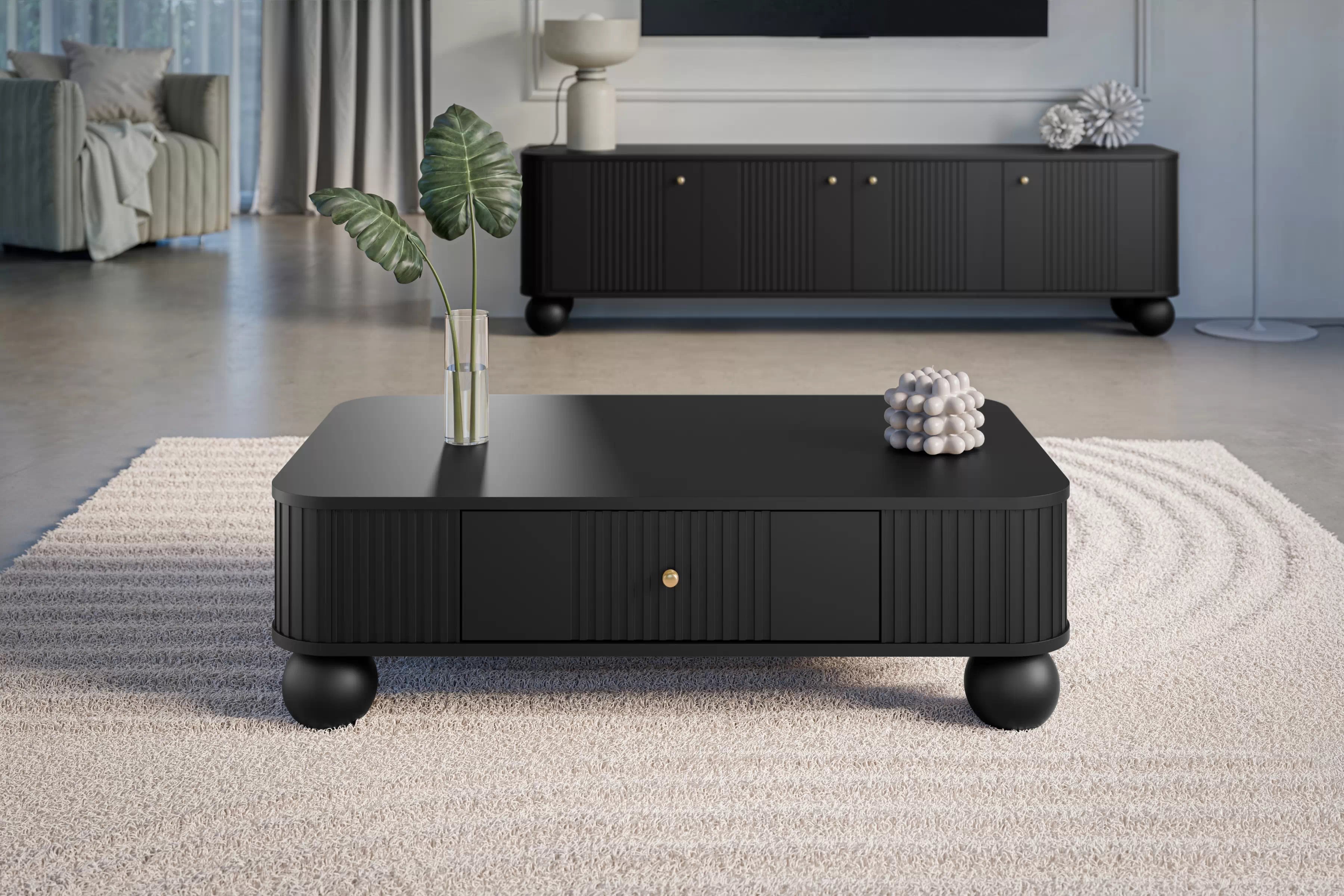 Konferenčný stolík so zásuvkou Vesper 103x60 cm - čierny / zlaté úchytky / guľaté nohy Konferenčný stolík z szuflada Vespera 103x60 cm - Čierny / zlote úchyty / čierny nožičky kule