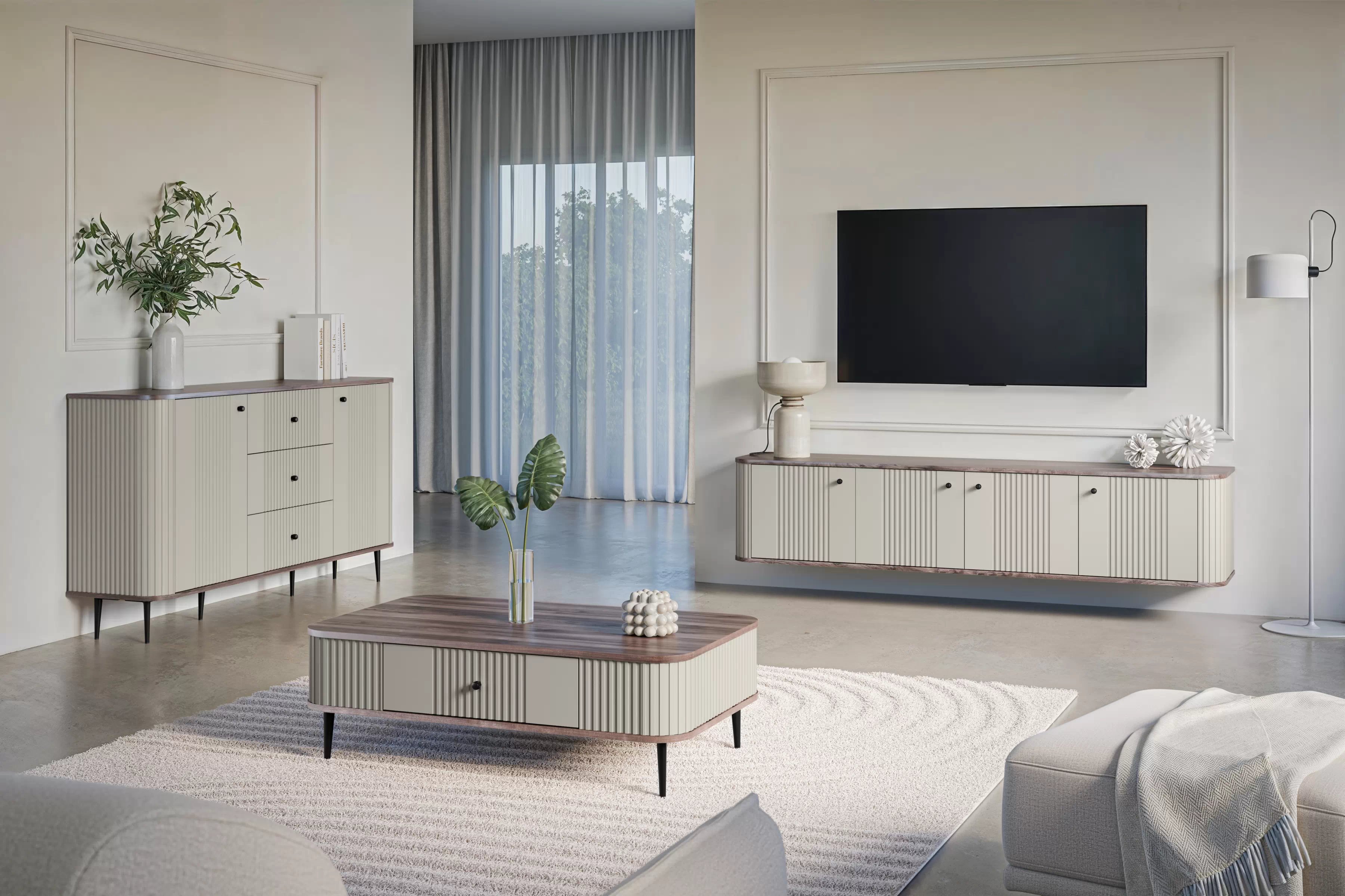 Konferenční stolek se zásuvkou Vesper 103x60 cm - kašmír / ořech / černé nohy stolek kawowy z szuflada Vespera 103x60 cm - kašmír / ořech / černá Nohy