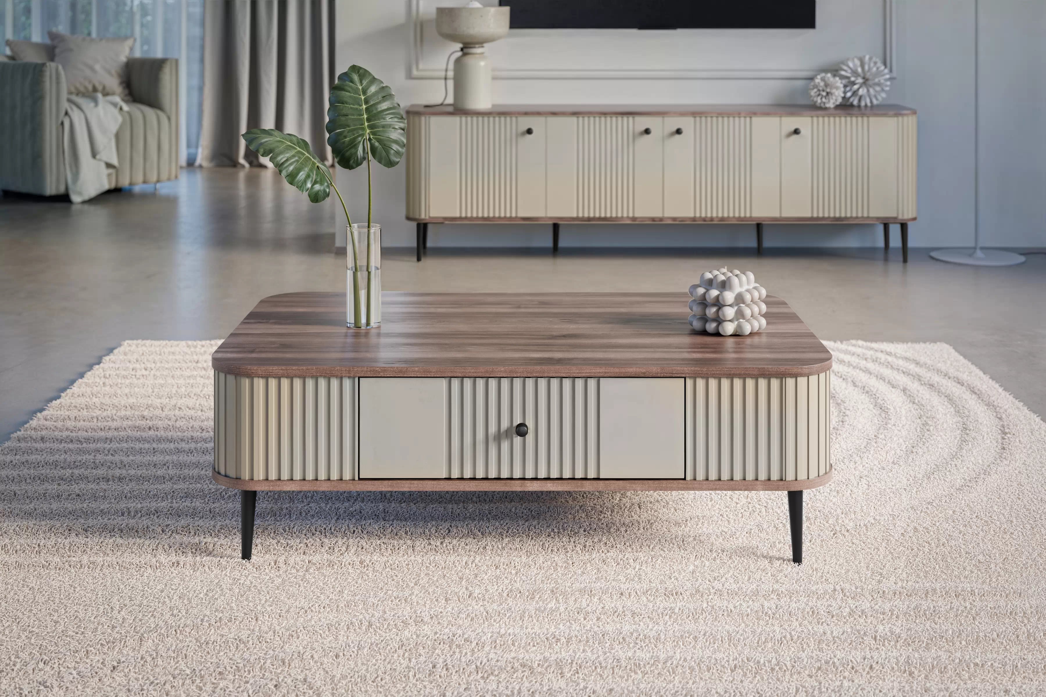 Konferenční stolek se zásuvkou Vesper 103x60 cm - kašmír / ořech / černé nohy stolek kawowy z szuflada Vespera 103x60 cm - kašmír / ořech / černá Nohy