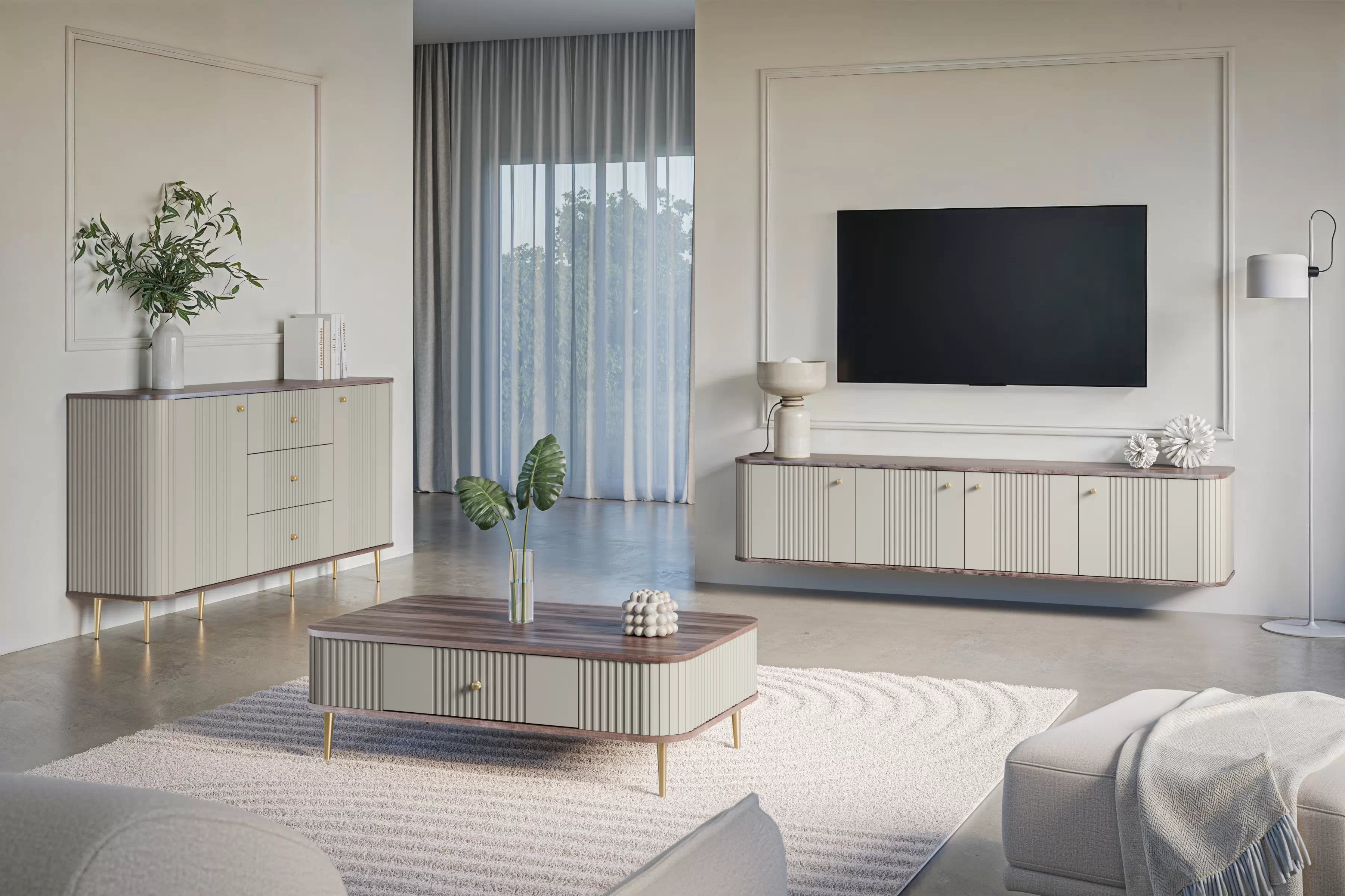 Konferenční stolek se zásuvkou Vesper 103x60 cm - kašmír / ořech / zlaté nohy stolek kawowy z szuflada Vespera 103x60 cm - kašmír / ořech / zlaté Nohy