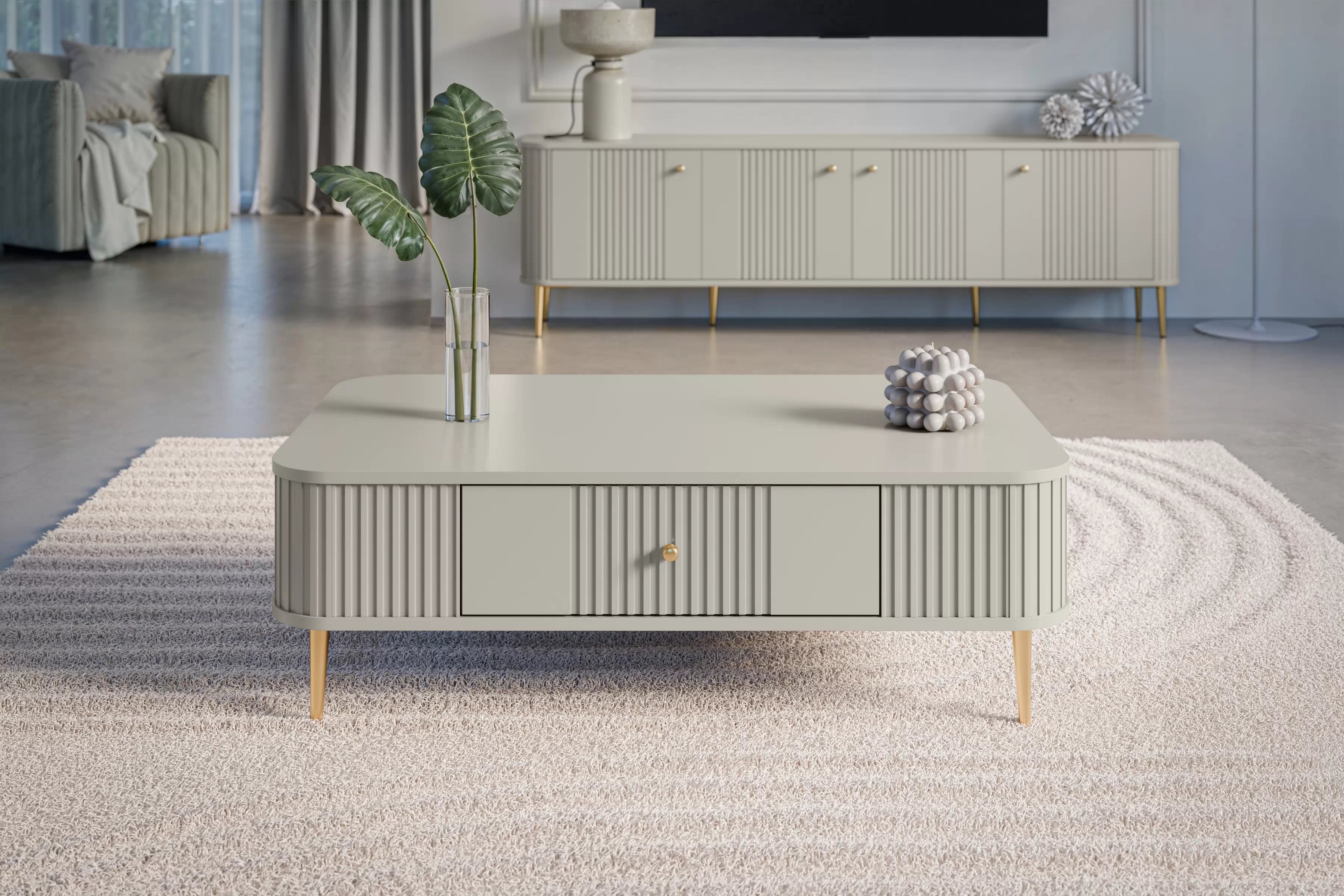 Konferenční stolek se zásuvkou Vesper 103x60 cm - kašmír / zlaté nohy stolek kawowy z szuflada Vespera 103x60 cm - kašmír / zlaté Nohy