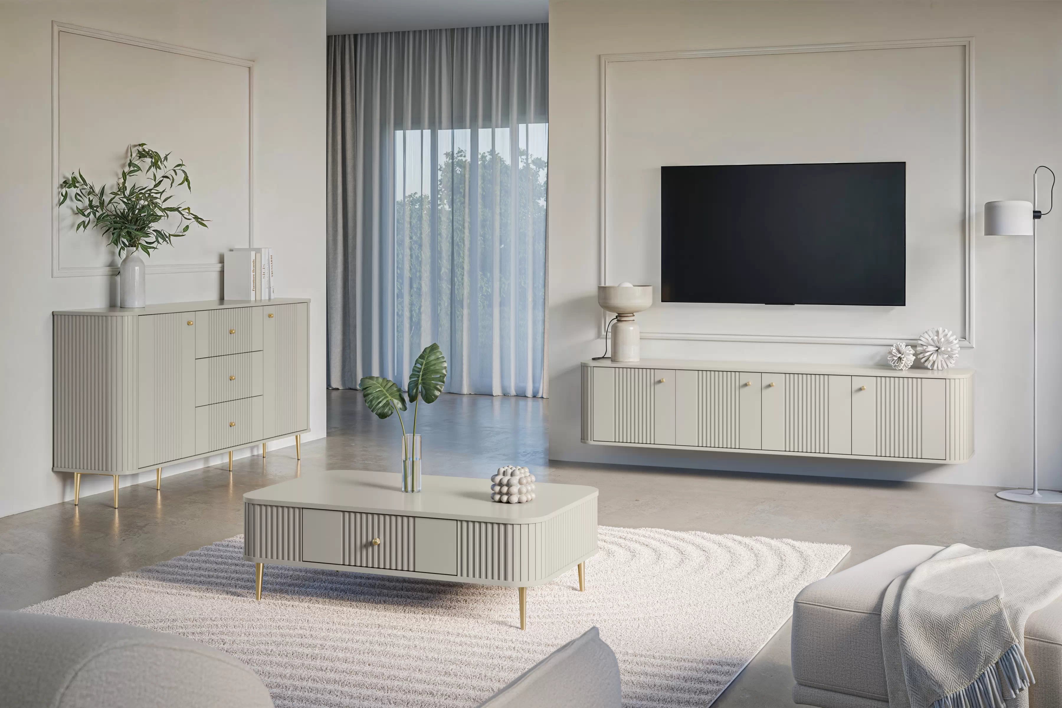 Konferenční stolek se zásuvkou Vesper 103x60 cm - kašmír / zlaté nohy stolek kawowy z szuflada Vespera 103x60 cm - kašmír / zlaté Nohy