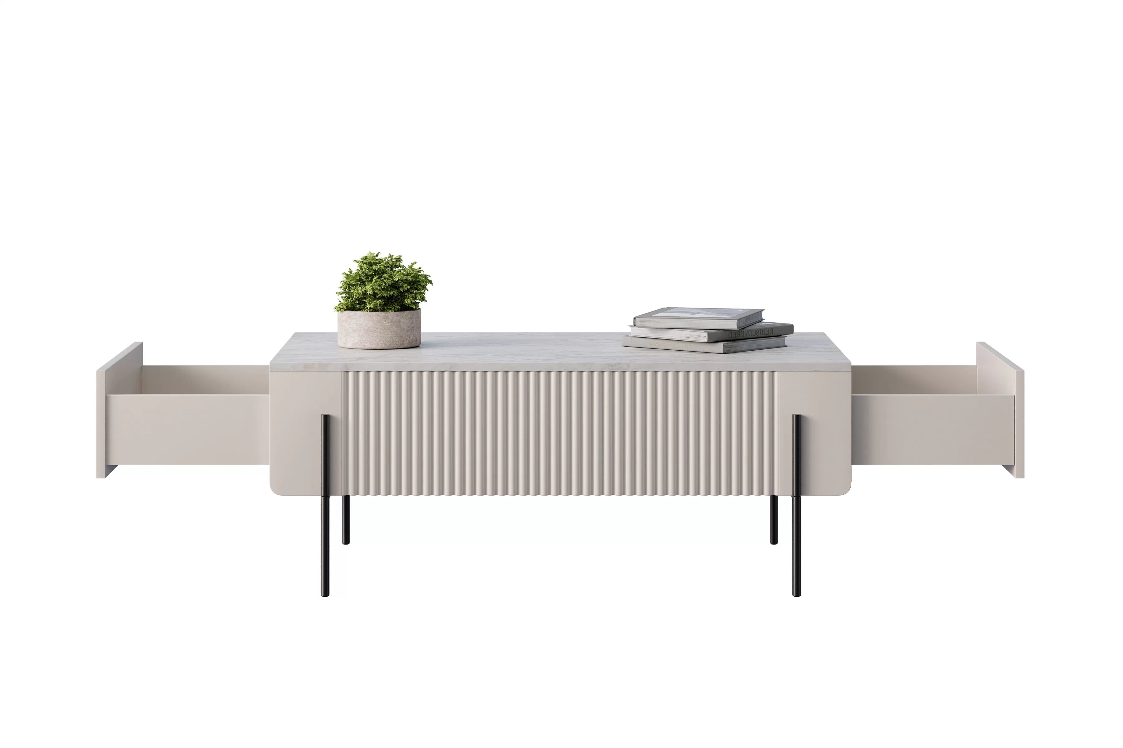 Konferenčný stolík Malmi 100 cm - kašmírová / crema bianca / čierna Stolík kawowy so zásuvkami Malmi 100 cm - kašmír / crema bianca / čierny nozki