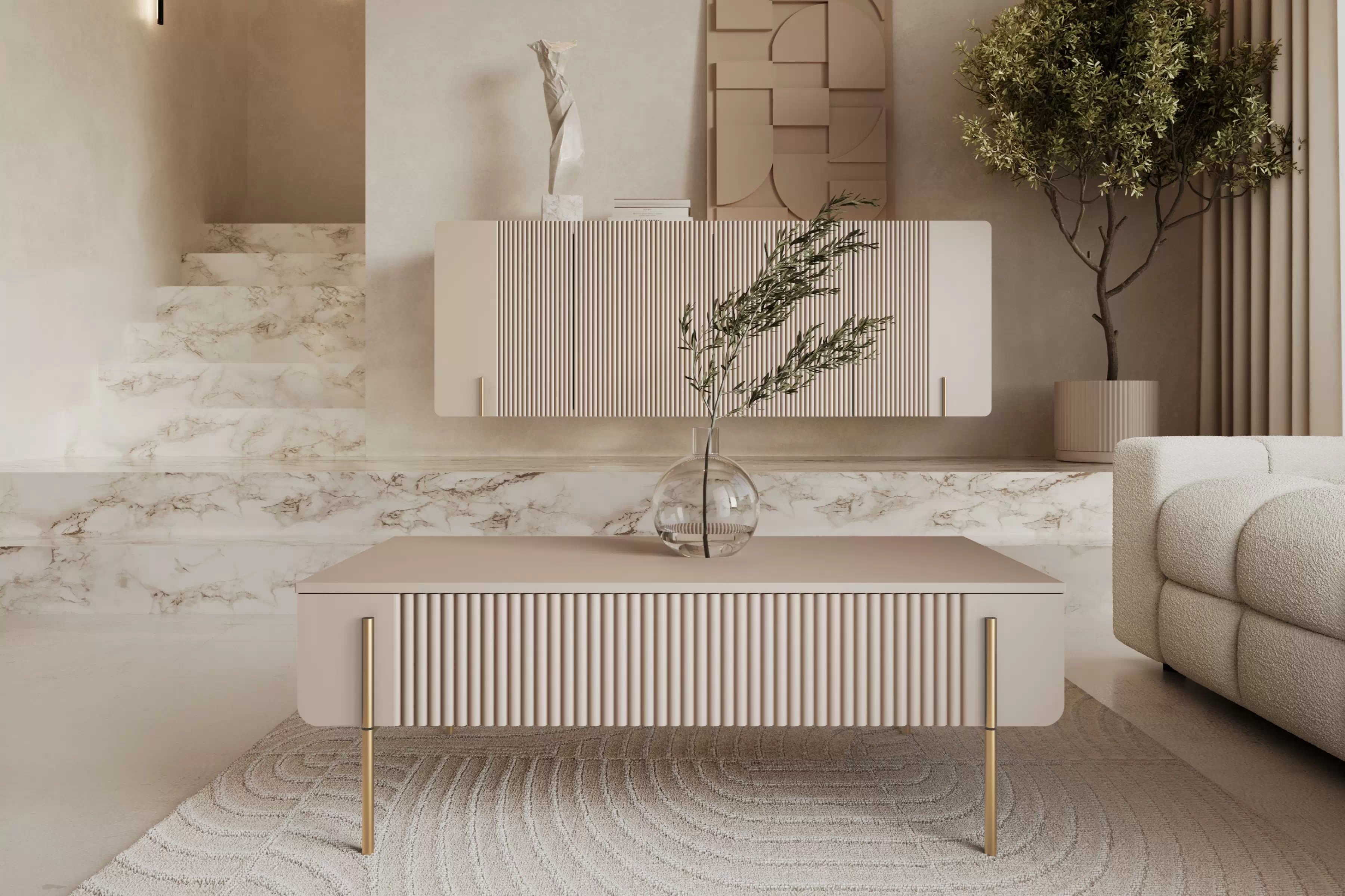 Konferenčný stolík Malmi 100 cm - kašmírová / zlatá Stolík kawowy so zásuvkami Malmi 100 cm - kašmír / zlote nozki