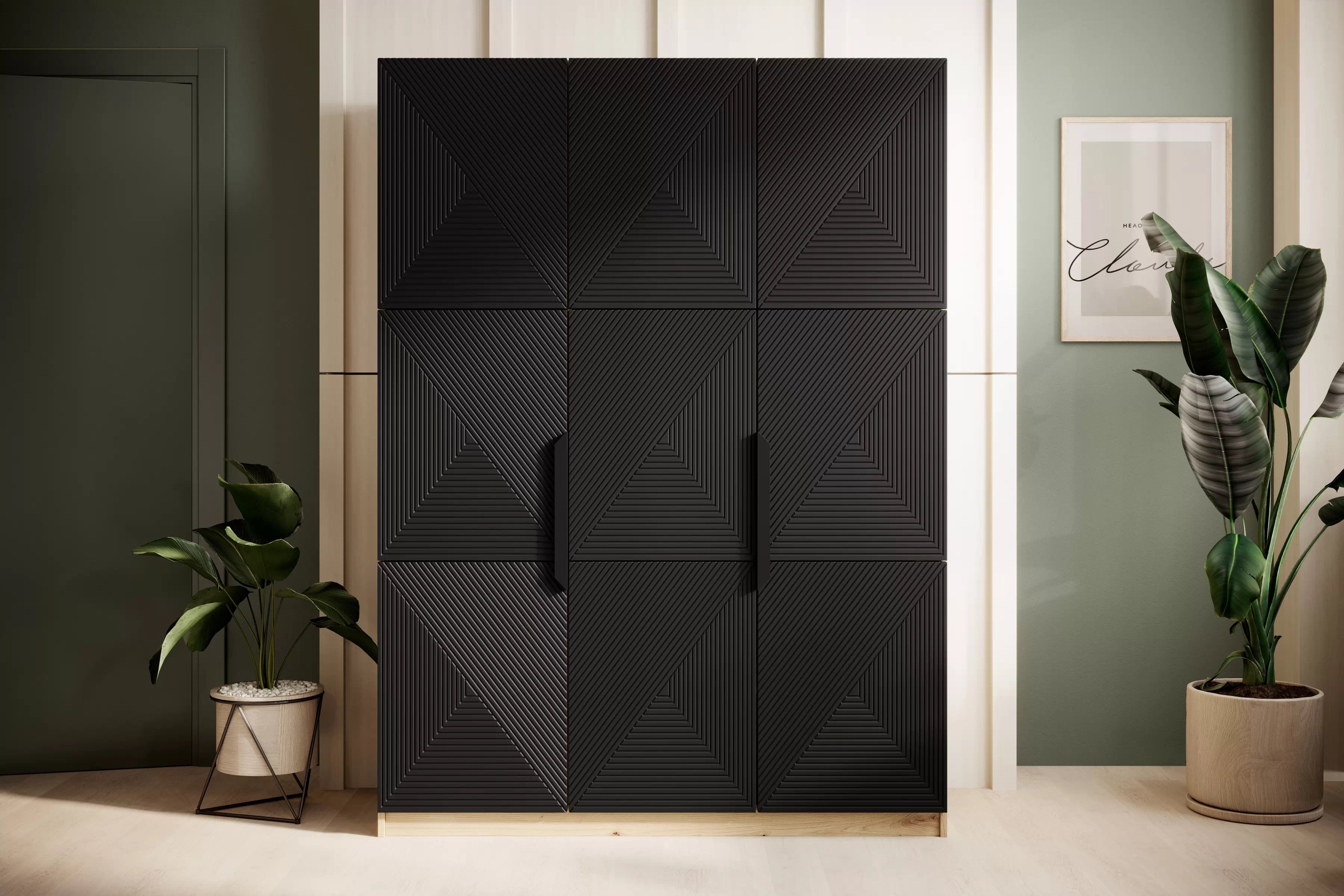 Skříň Asha 150 cm - dub artisan / černý mat / černé kovové úchytky skříň Asha 150 cm z metalowymi uchwytami - artisan / černá mat / černá Úchytky