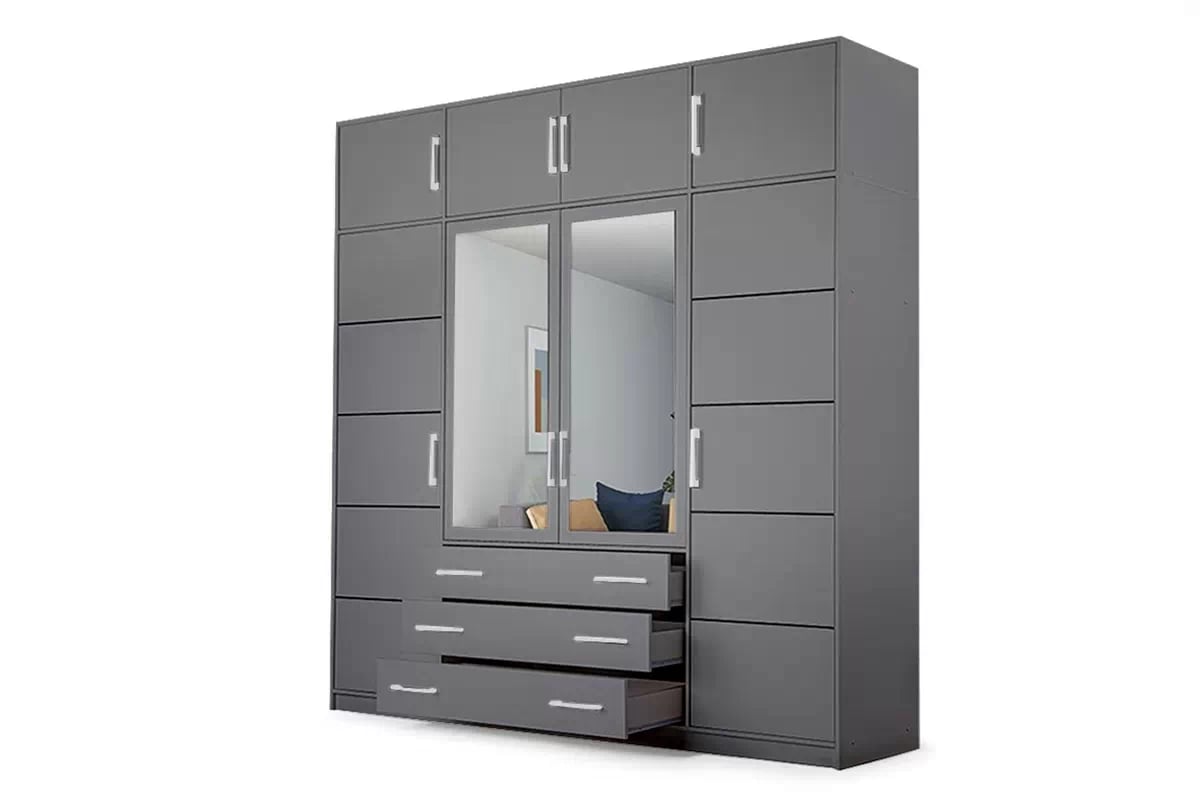 Skříň Bali 240 cm s nástavcem - grafitová skříň čtyřdveřová z zrcadlem a nástavcem Bali D4 240 cm - grafitová