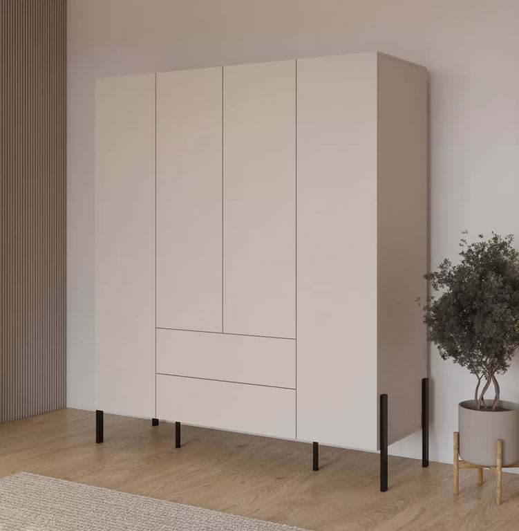 Šatní skříň čtyřdveřová Jukon 180 cm se zásuvkami - kašmír / černé nožky skříň čtyřdveřová Jukon 180 cm se zásuvkami - kašmír / černé nožičky