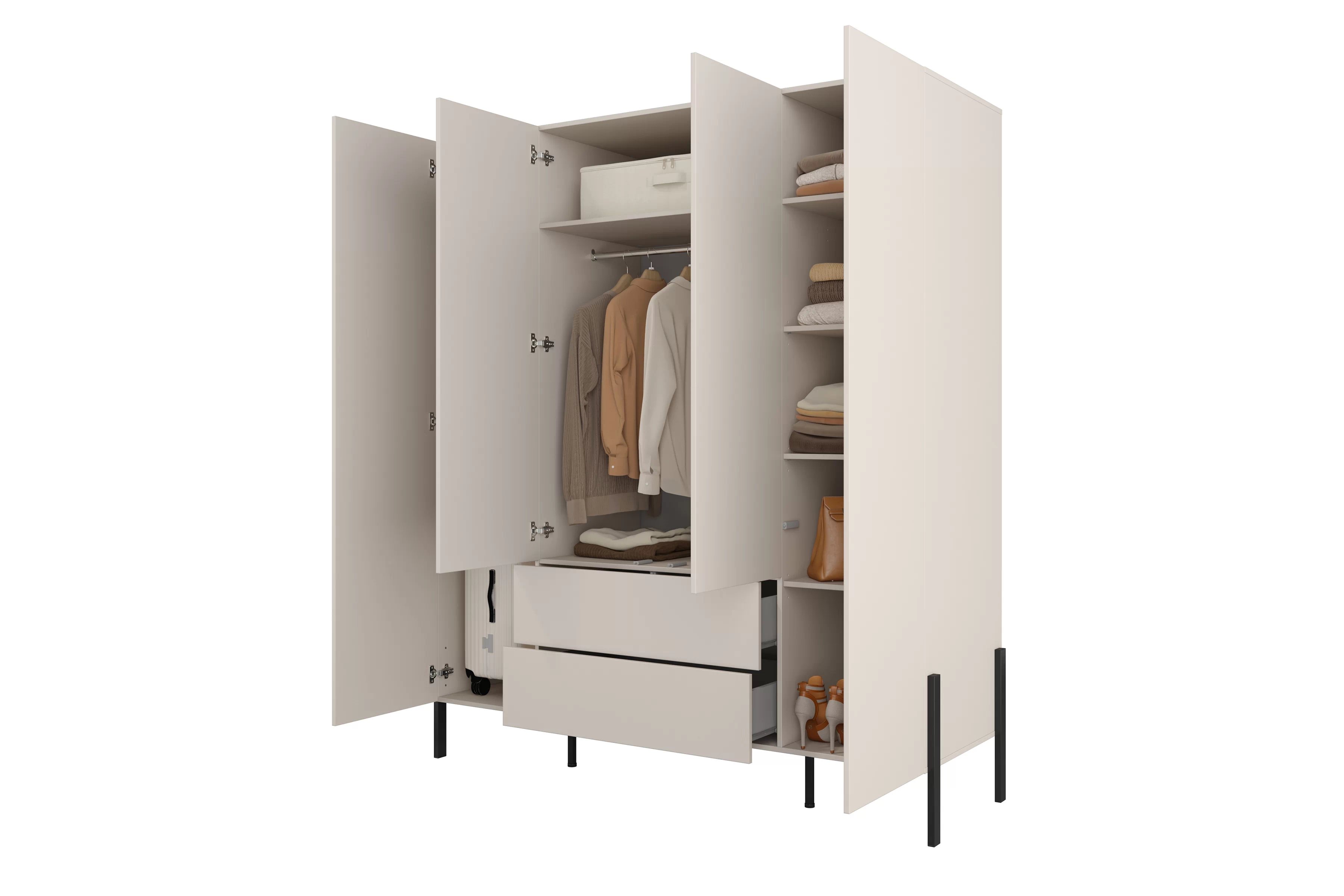 Šatníková skriňa Jukon 180 cm - kašmírová / čierna Skriňa štvordverová Jukon 180 cm so zásuvkami - kašmír / čierny nožičky