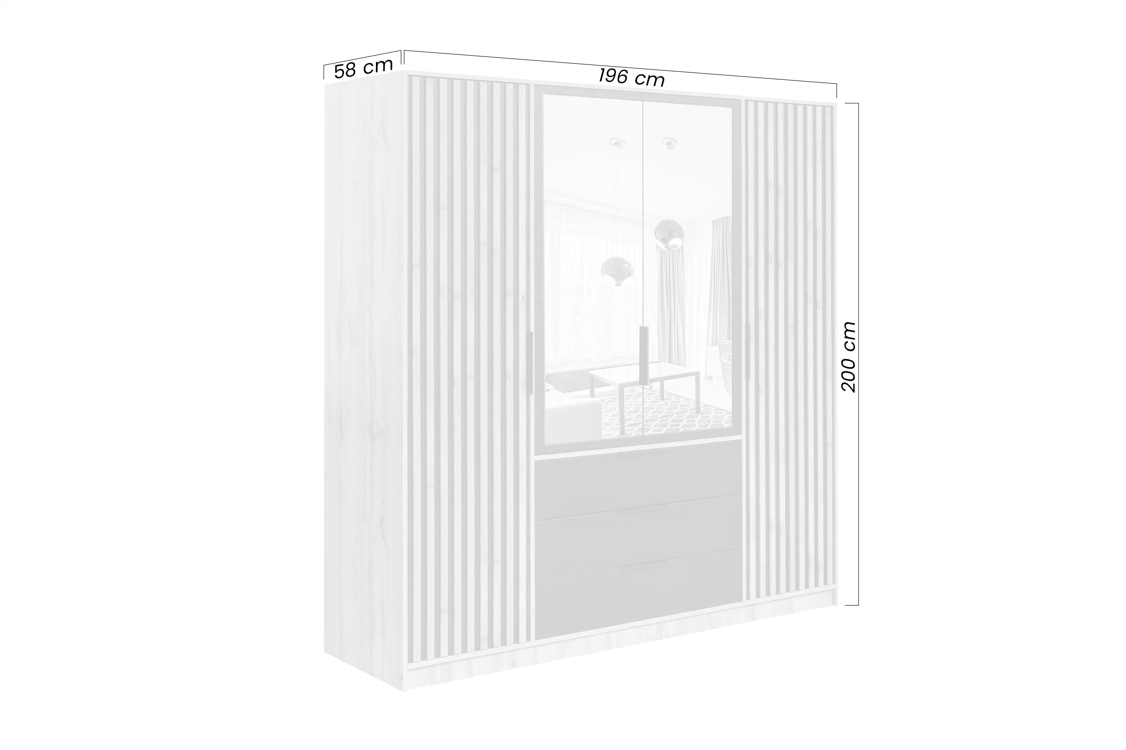Šatníková skriňa Bali 196 cm so zrkadlom a lamelami – dub wotan / čierna Skriňa štvordverová Lutori 196 cm z zrkadlom a lamelami - Dub wotan / Čierny
