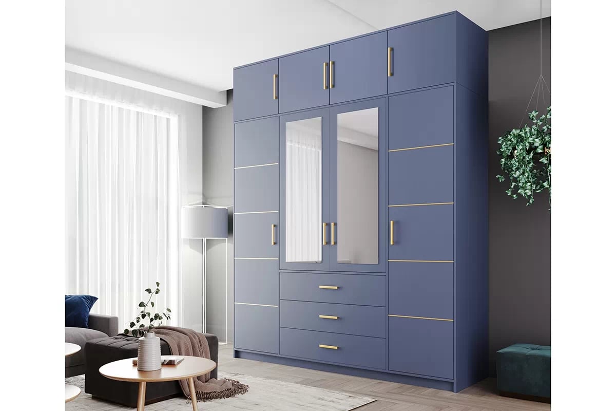 Kombinovaná skriňa Bali 196 cm s nadstavcom - svetlomodrá Skriňa štvordverová Lutori 196 cm z zrkadlom i nadstawka - zgaszony Blankyt