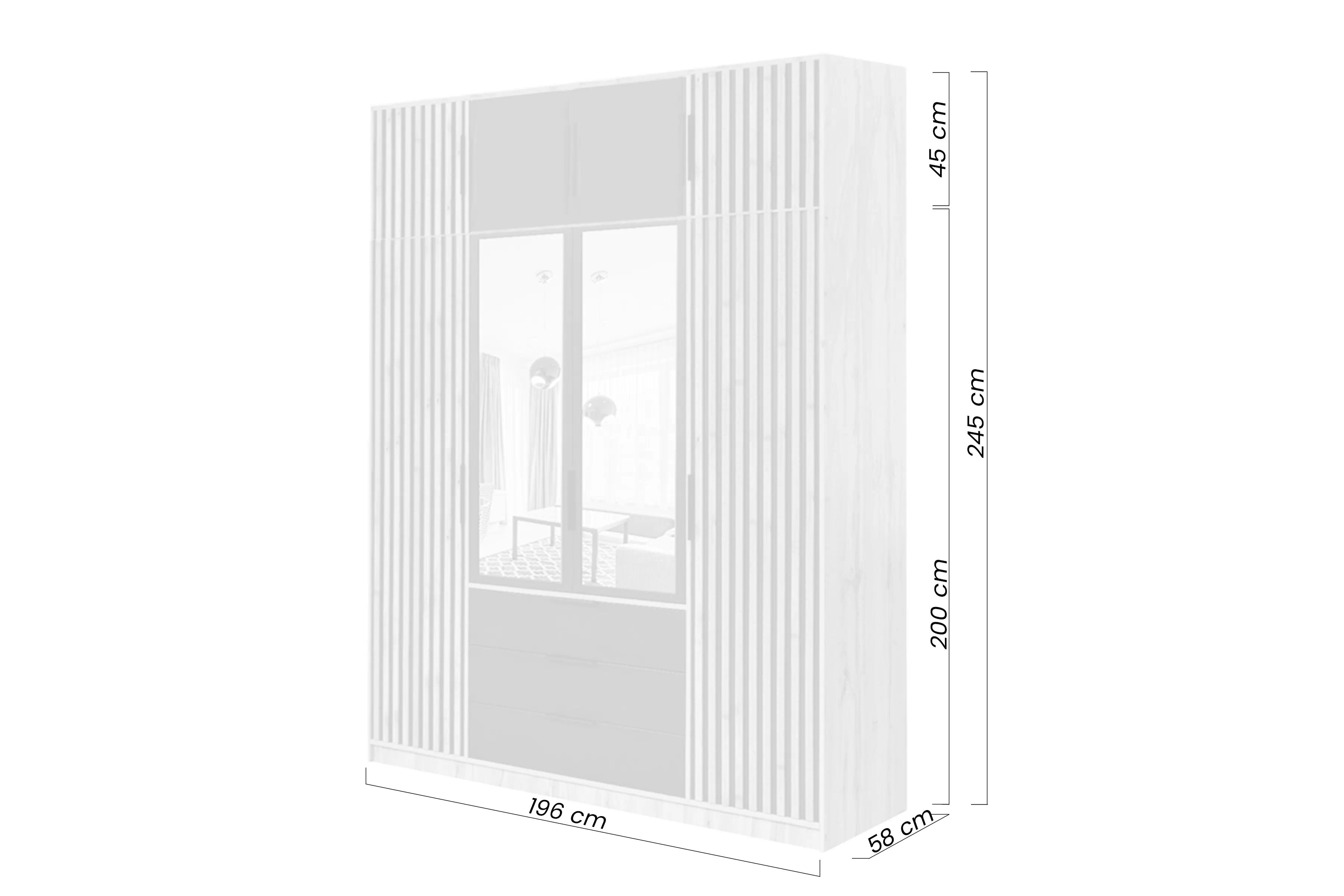 Kombinovaná skriňa Bali 196 cm s nadstavcom - dub wotan / biela Skriňa štvordverová Lutori 196 cm z nadstawka z lamelami i zrkadlom  - Dub wotan / Biela