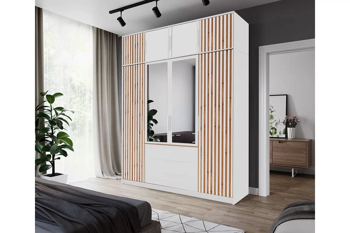 Kombinovaná skriňa Bali 196 cm s nadstavcom - dub wotan / biela Skriňa štvordverová Lutori 196 cm z nadstawka z lamelami i zrkadlom  - Dub wotan / Biela