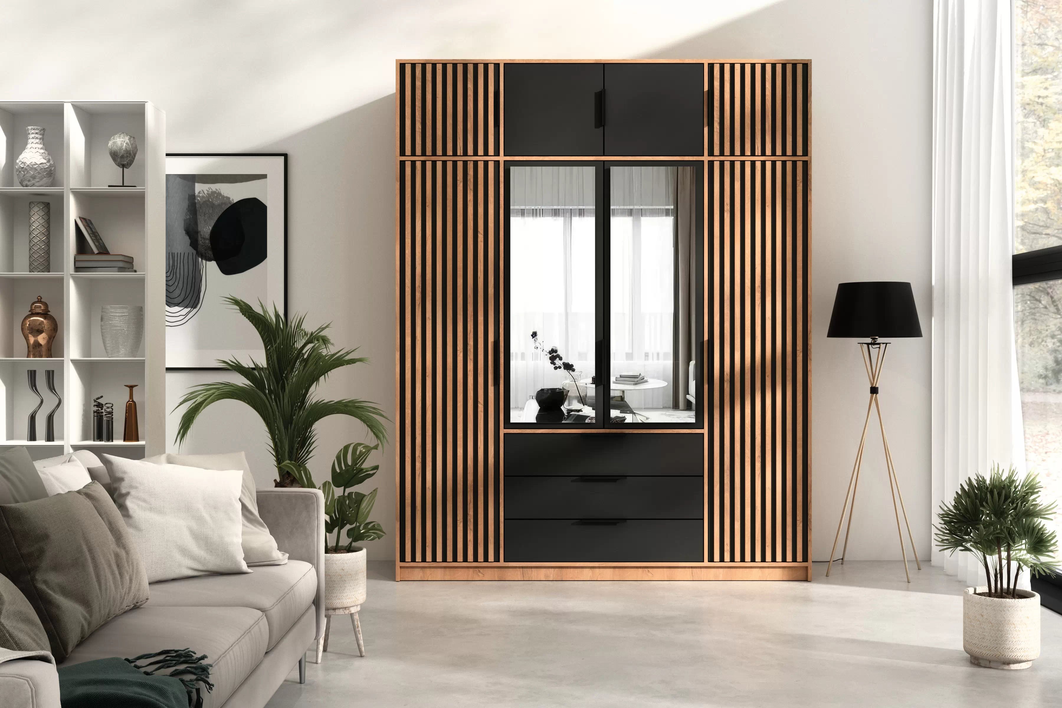 Kombinovaná skriňa Bali 196 cm s nadstavcom - dub wotan / čierna Skriňa štvordverová Lutori 196 cm z nadstawka z lamelami i zrkadlom - Dub wotan / Čierny