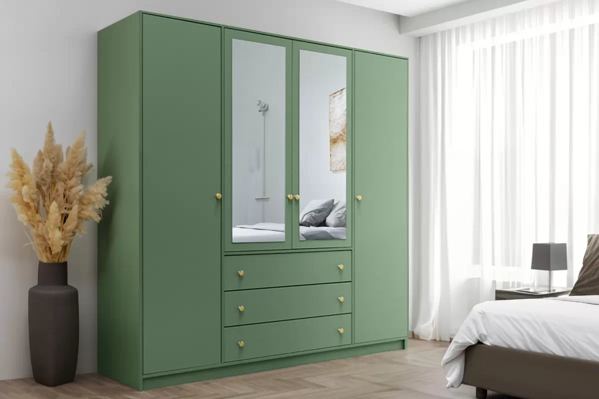 Skriňa Siena II D4 s 3 zásuvkami i zrkadlom 196 cm - fľaškovo zelená Skriňa štvordverová Siena II D4 s 3 zásuvkami i zrkadlom 196 cm - fľaškovo zelená