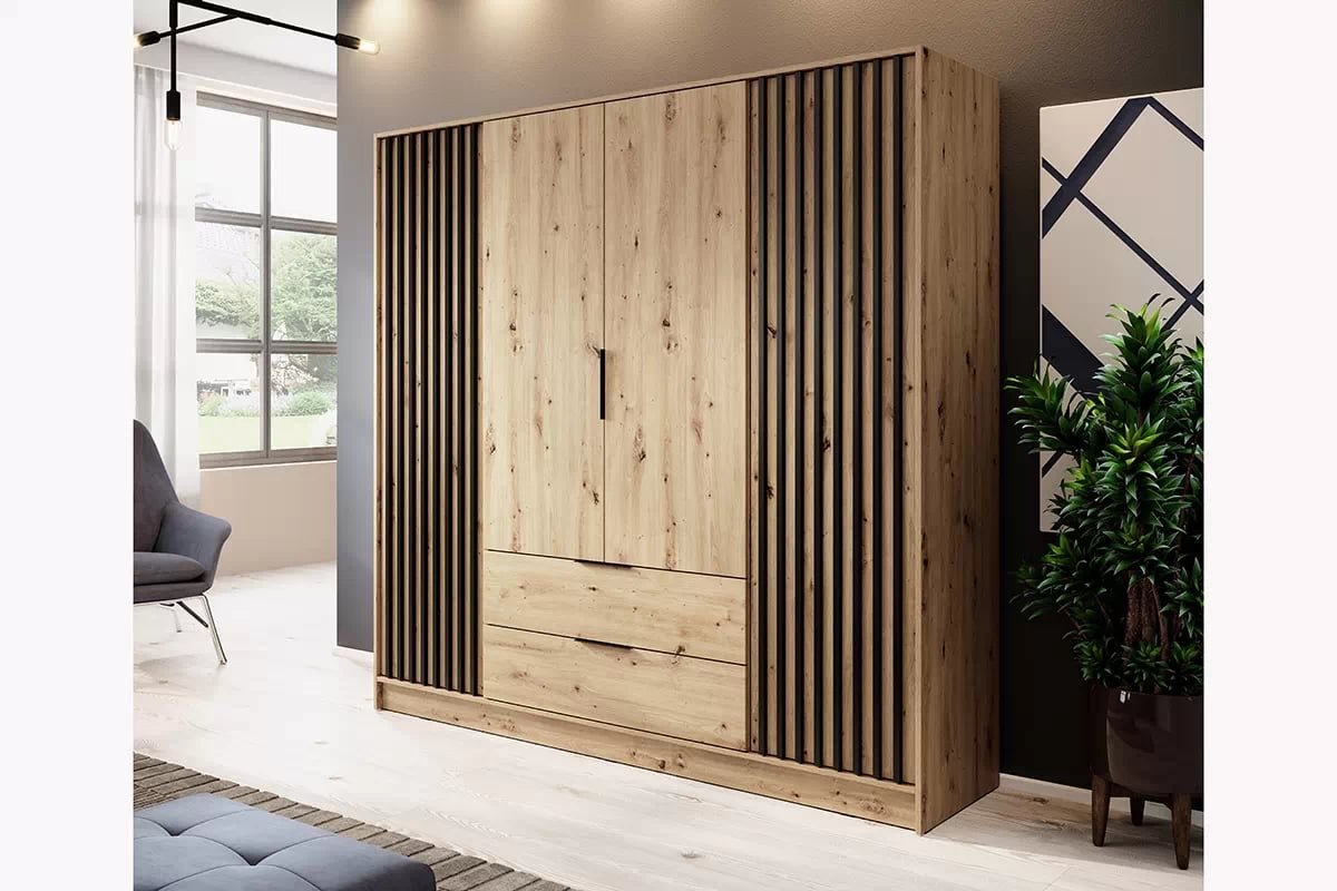 Skriňa s lamelami Neria - dub artisan / čierny Štvordverová skriňa