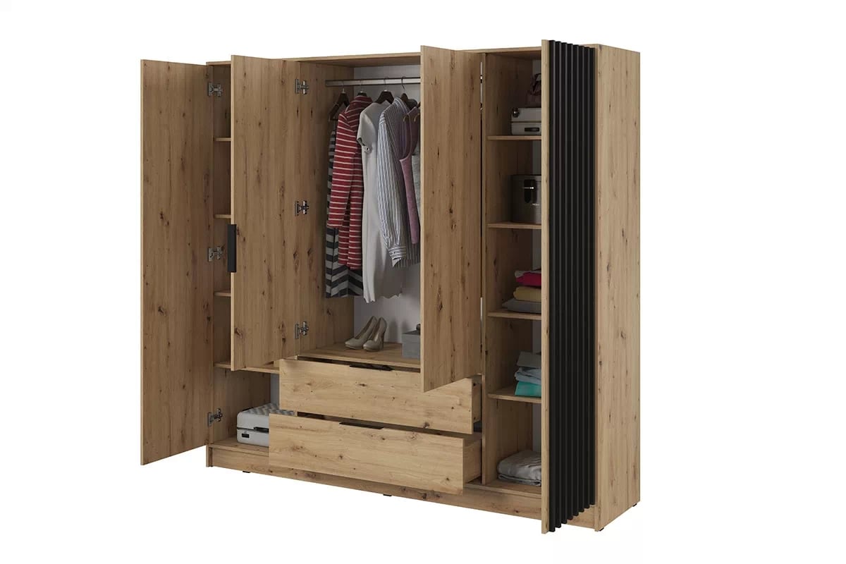 Skriňa s lamelami Neria - dub artisan / čierny Priestranná skriňa s lamelami