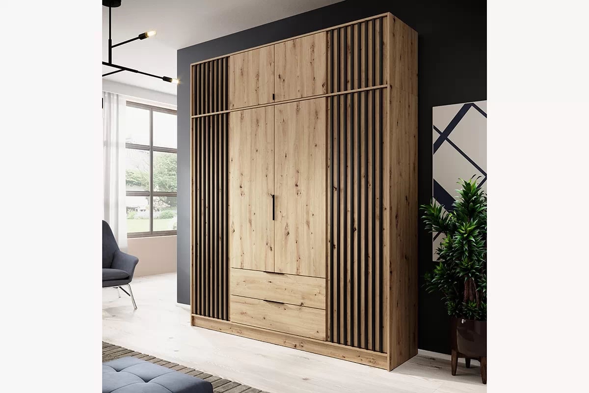 Skriňa s lamelami Neria - dub artisan / čierny Skriňa s nadstavcom