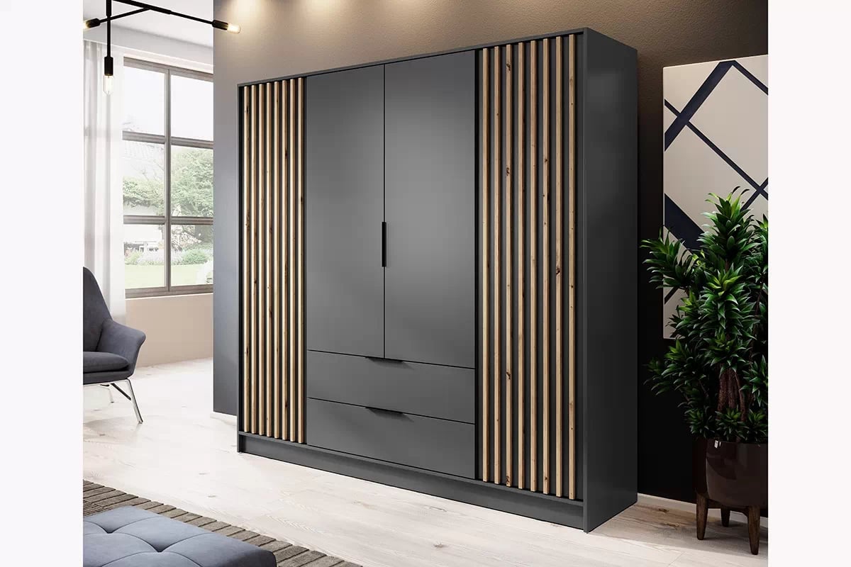 Skříň Neria s lamelami 206 cm - grafit / dub artisan Grafitová Skříň s lamelami