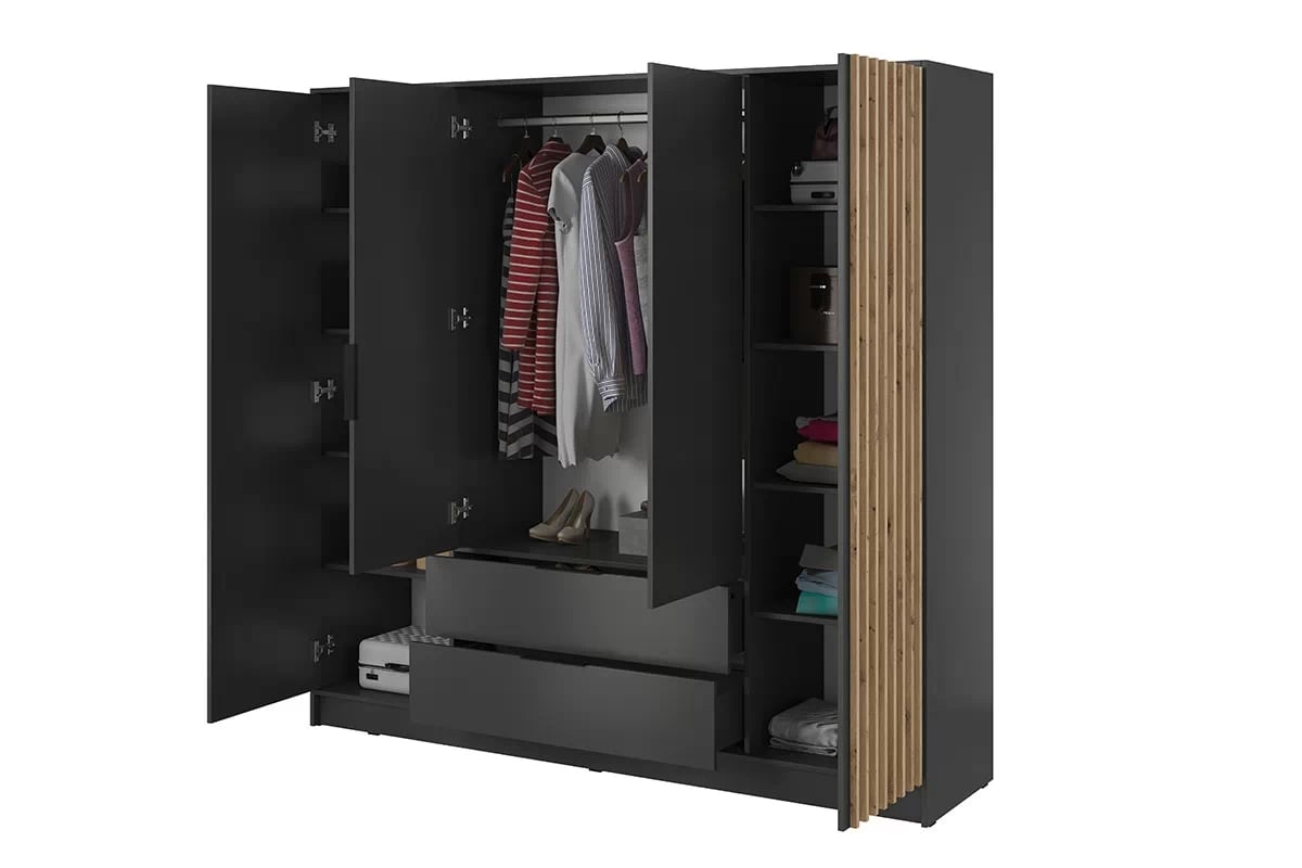 Skříň Neria s lamelami 206 cm - grafit / dub artisan Skříň čtyřdveřová 